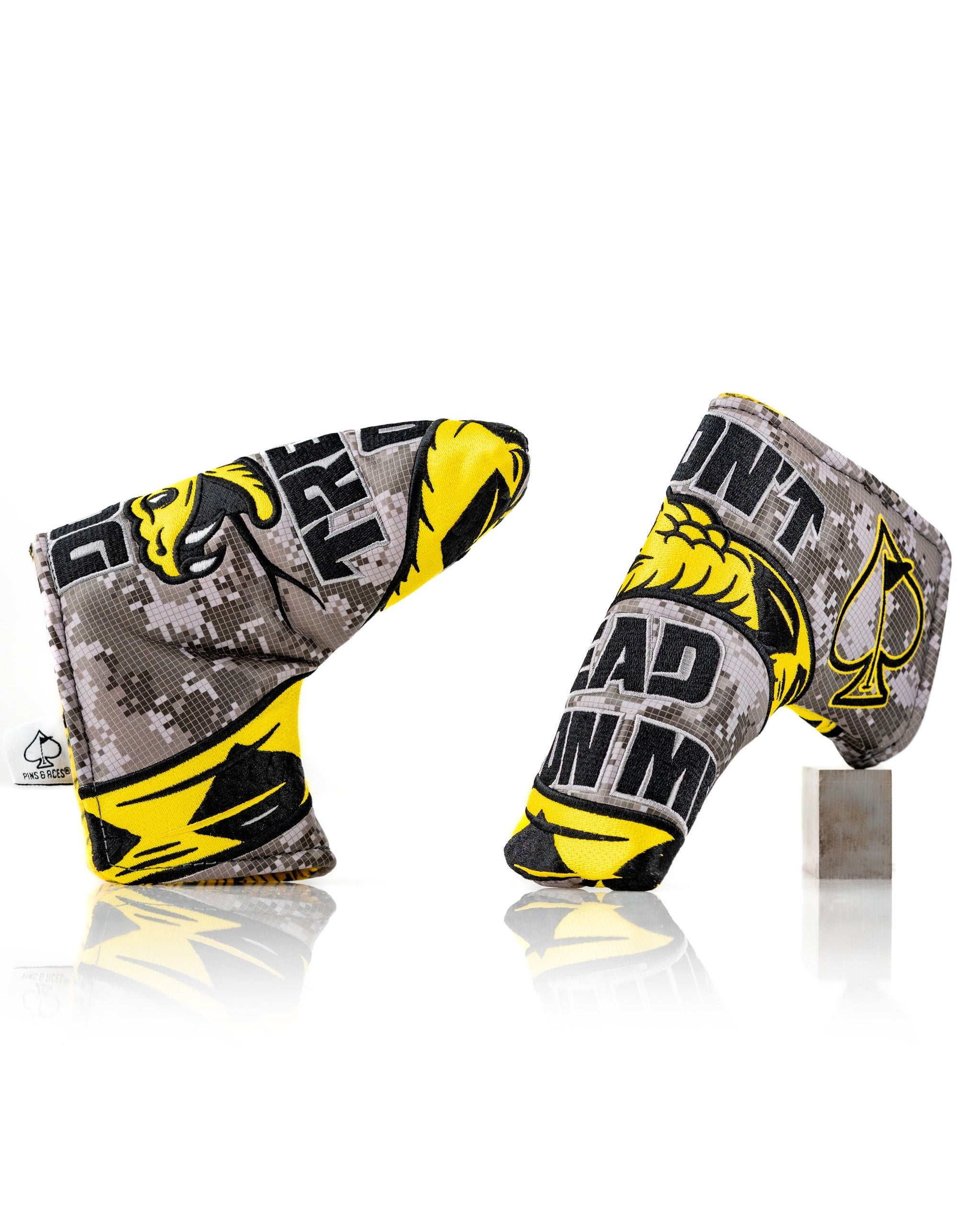 Bold camo blade putter cover featuring a striking "Don't Tread On Me" design in yellow and black for standout style on the course.