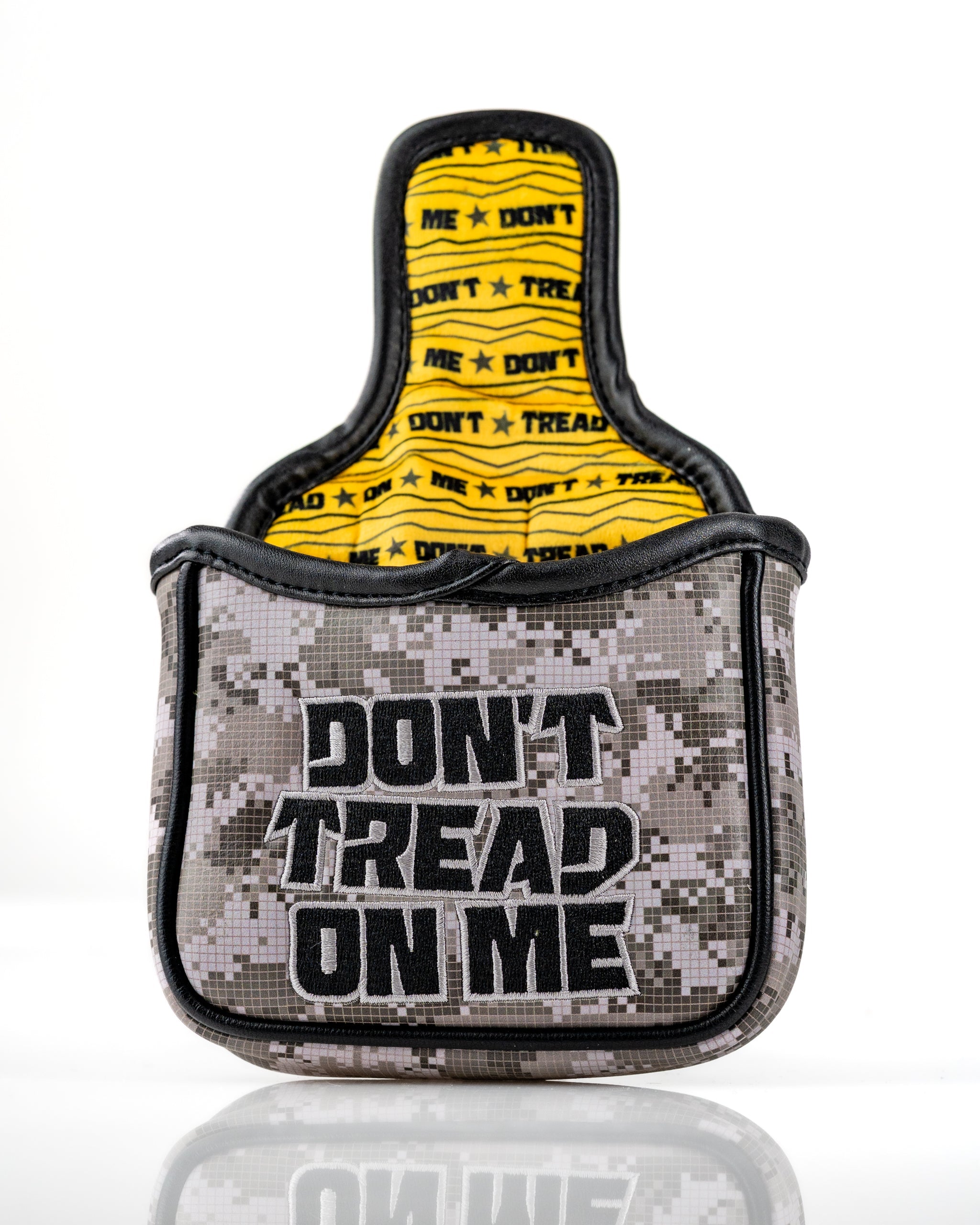 Camouflage mallet putter cover featuring "Don't Tread On Me" text in bold black letters on a textured background.
