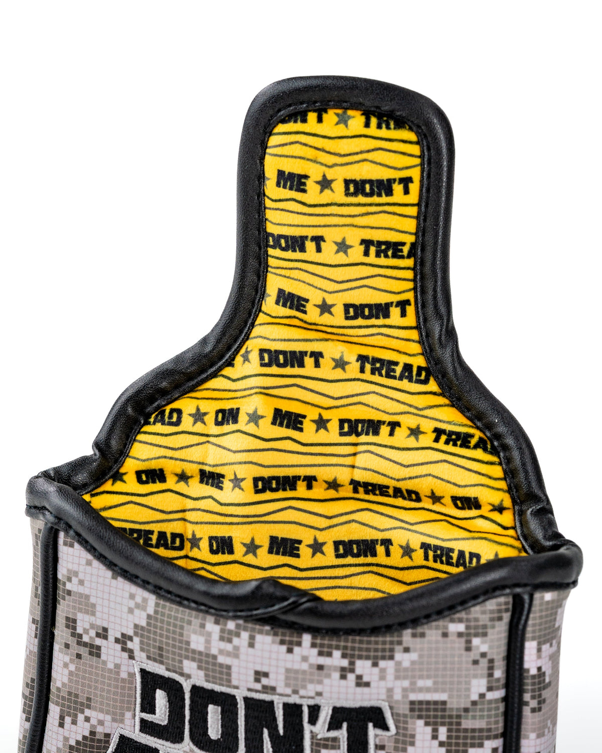 Mallet putter cover featuring a bold "Don't Tread On Me" design with a camouflage exterior and vibrant yellow interior.