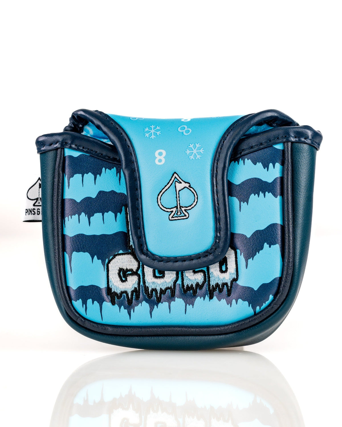 Bold blue mallet cover featuring a snowman design with icy patterns, perfect for golfers wanting a unique accessory.