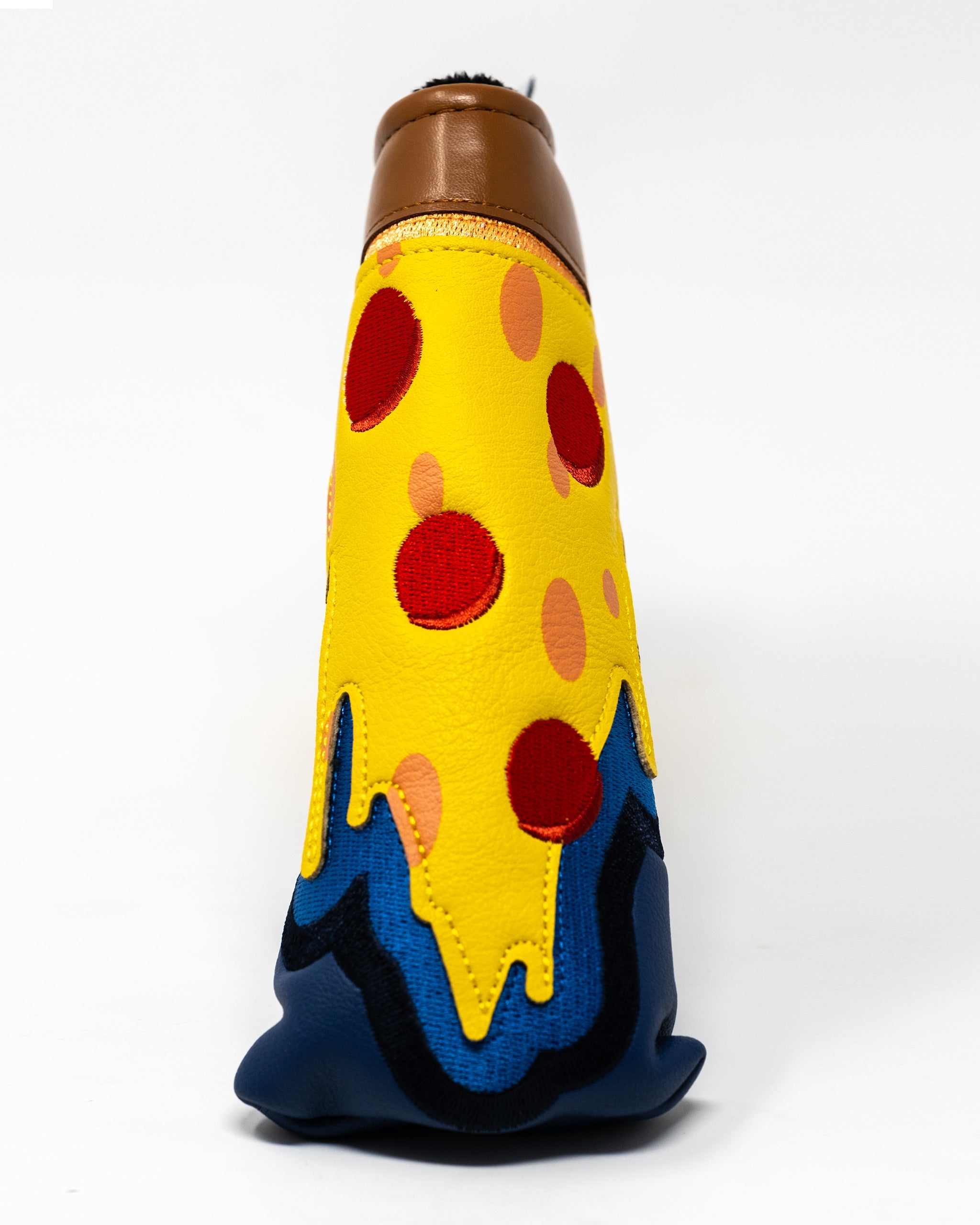 Pizza-themed blade putter cover with colorful toppings design.