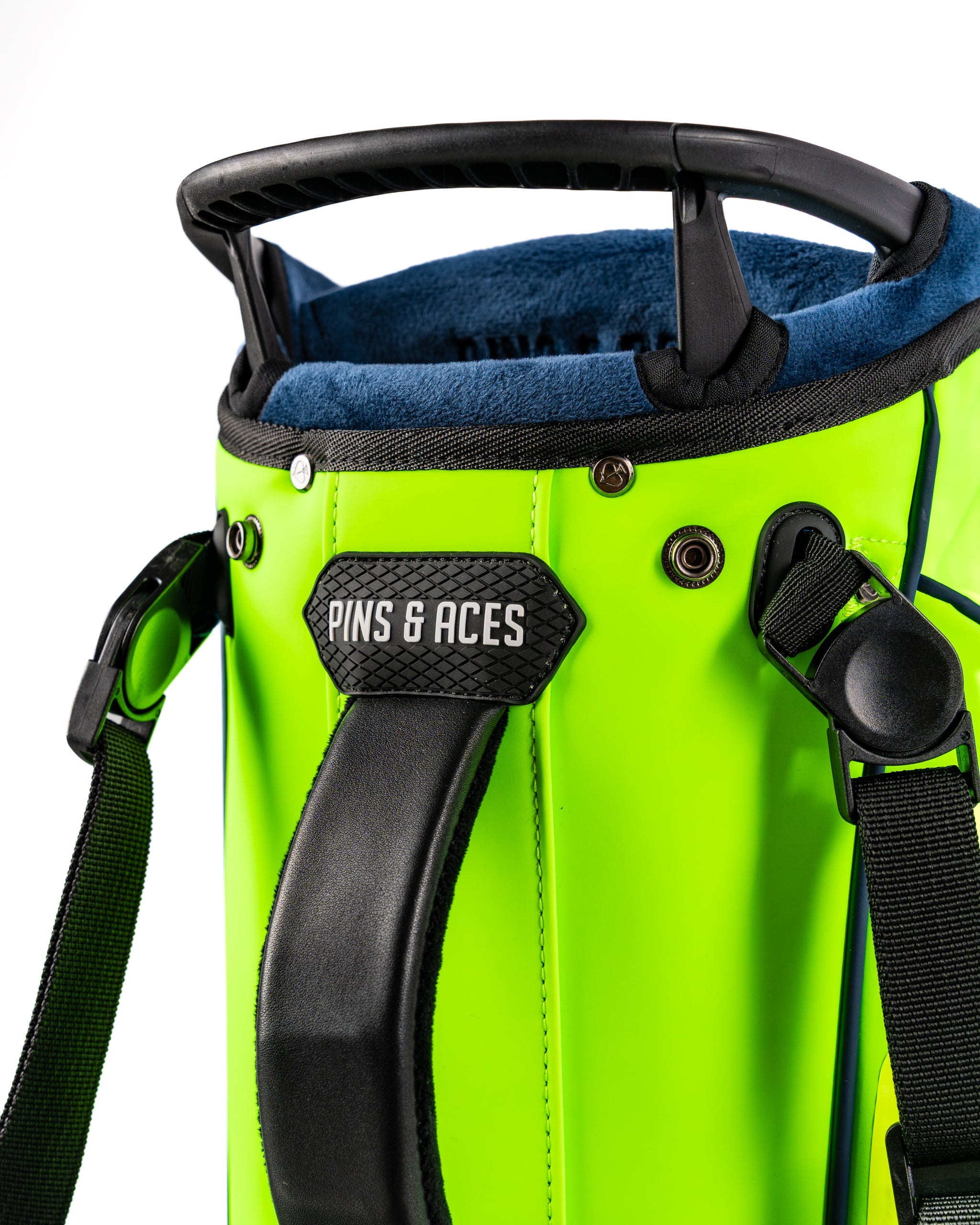 Close-up of the Player Preferred Golf Bag in Electric Tide, featuring vibrant green color and padded handle.