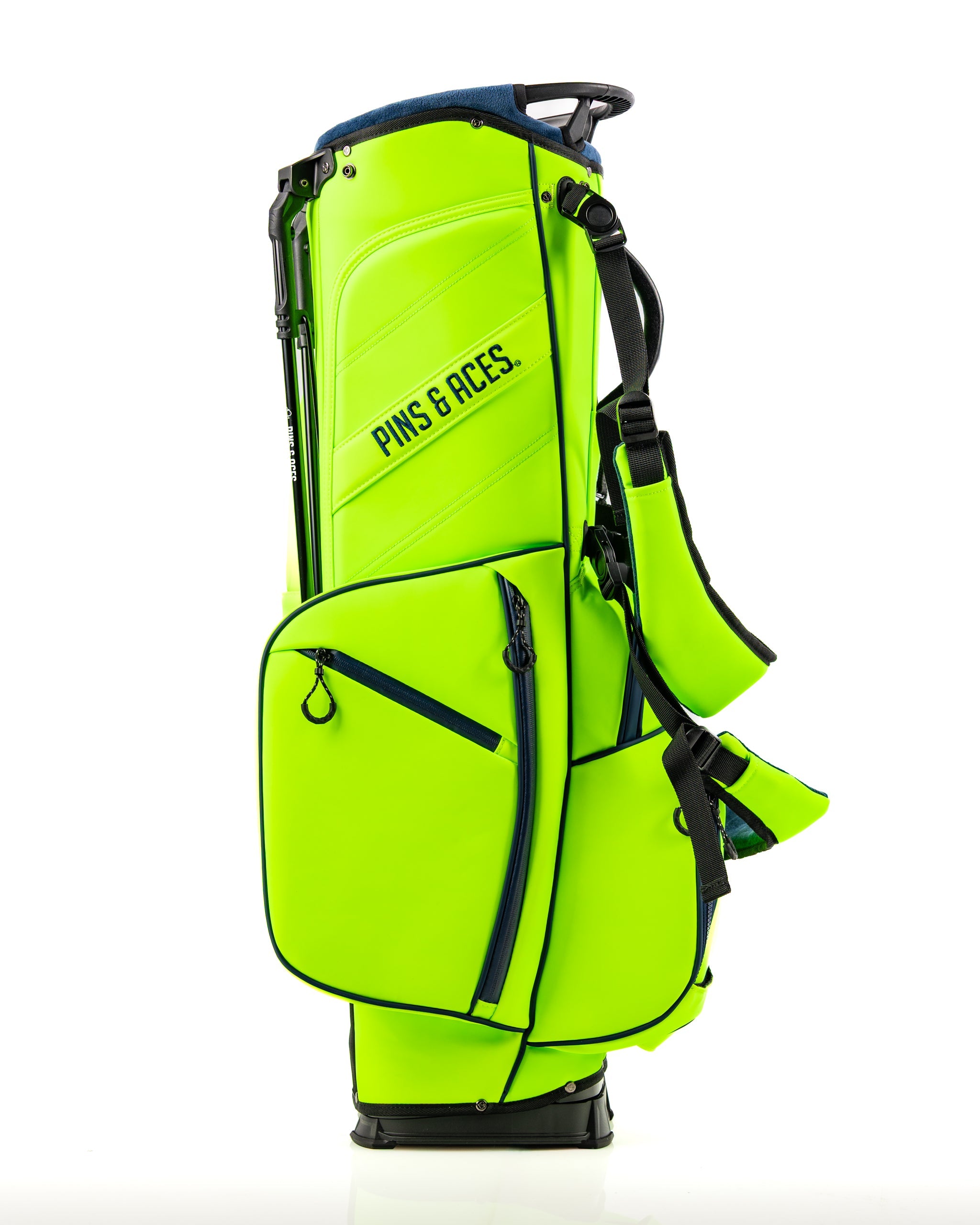 Bright electric tide golf bag from Pins and Aces featuring multiple pockets and a sleek design for stylish golfers.