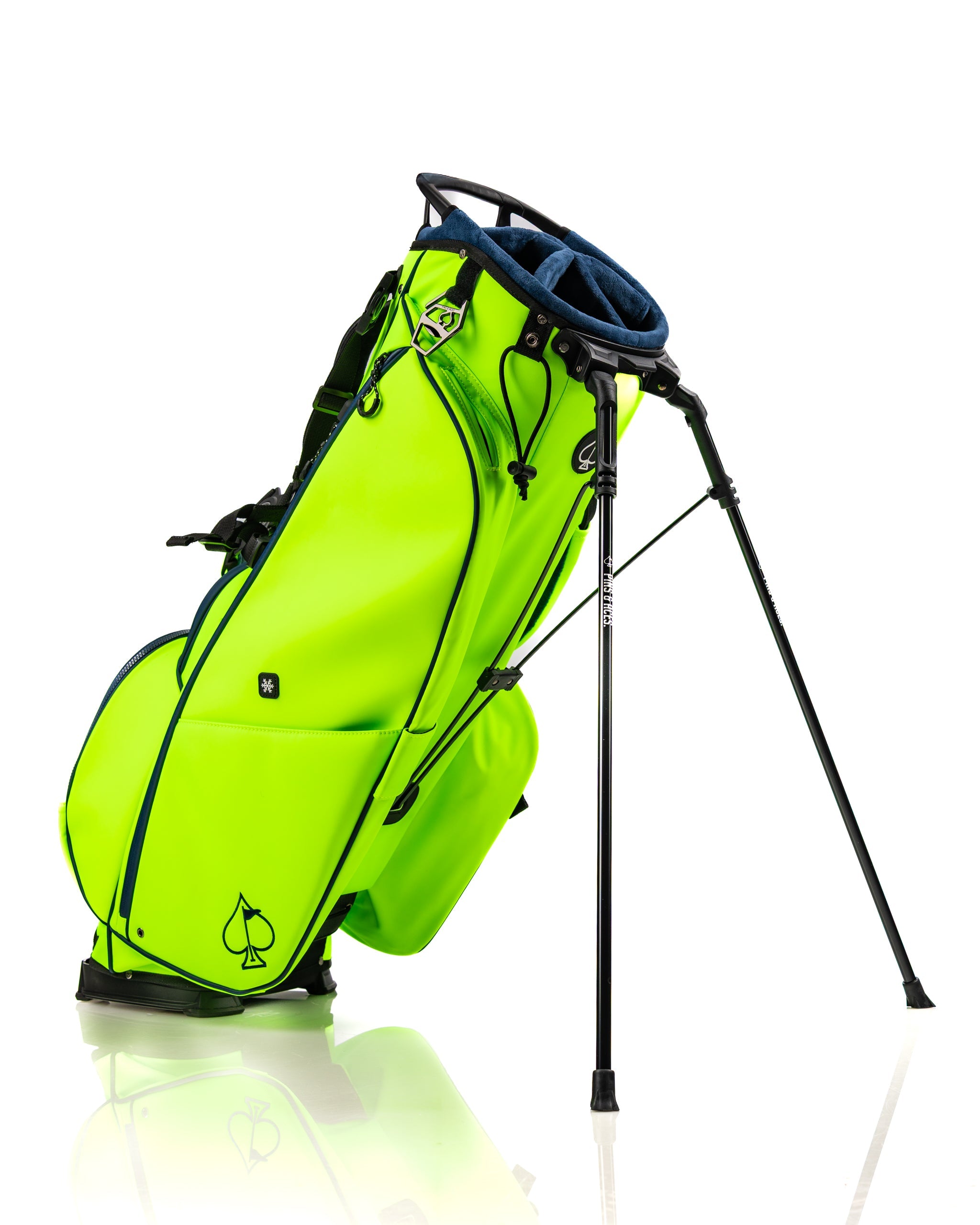 Bright electric tide golf bag with a sleek design, featuring a stand and multiple pockets for convenient storage.