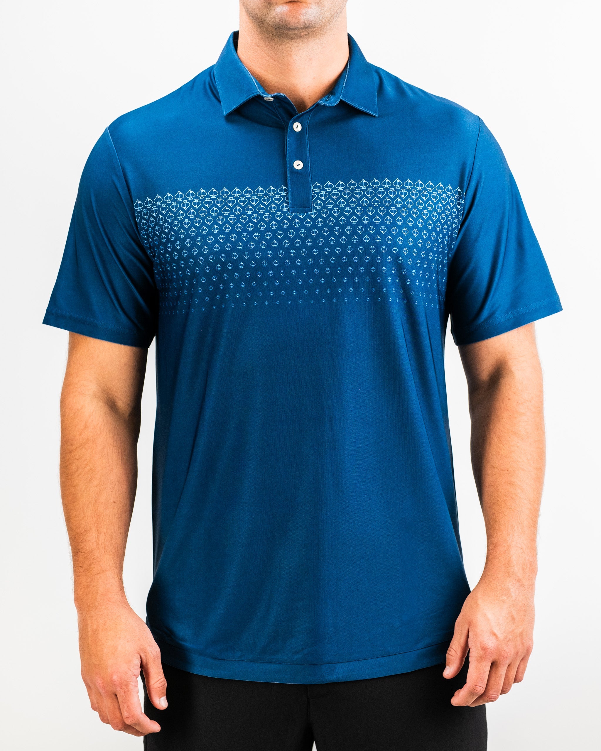 "Player Preferred™ Polo in Spade Fade - Navy, showcasing a modern design with a gradient color pattern."