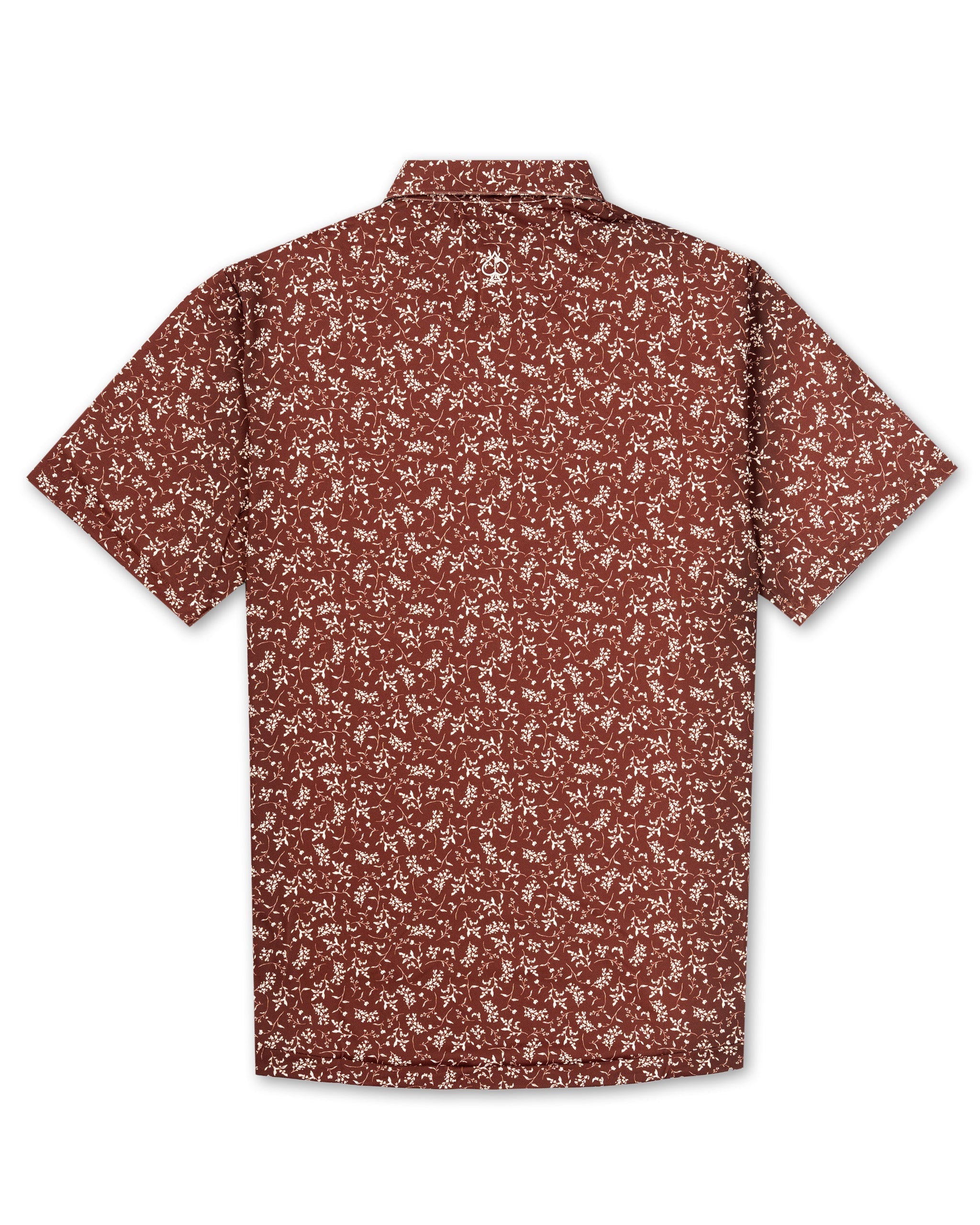 Back view of a short-sleeve shirt featuring a rust-colored fabric with a delicate white floral pattern, ideal for autumn golf outings.
