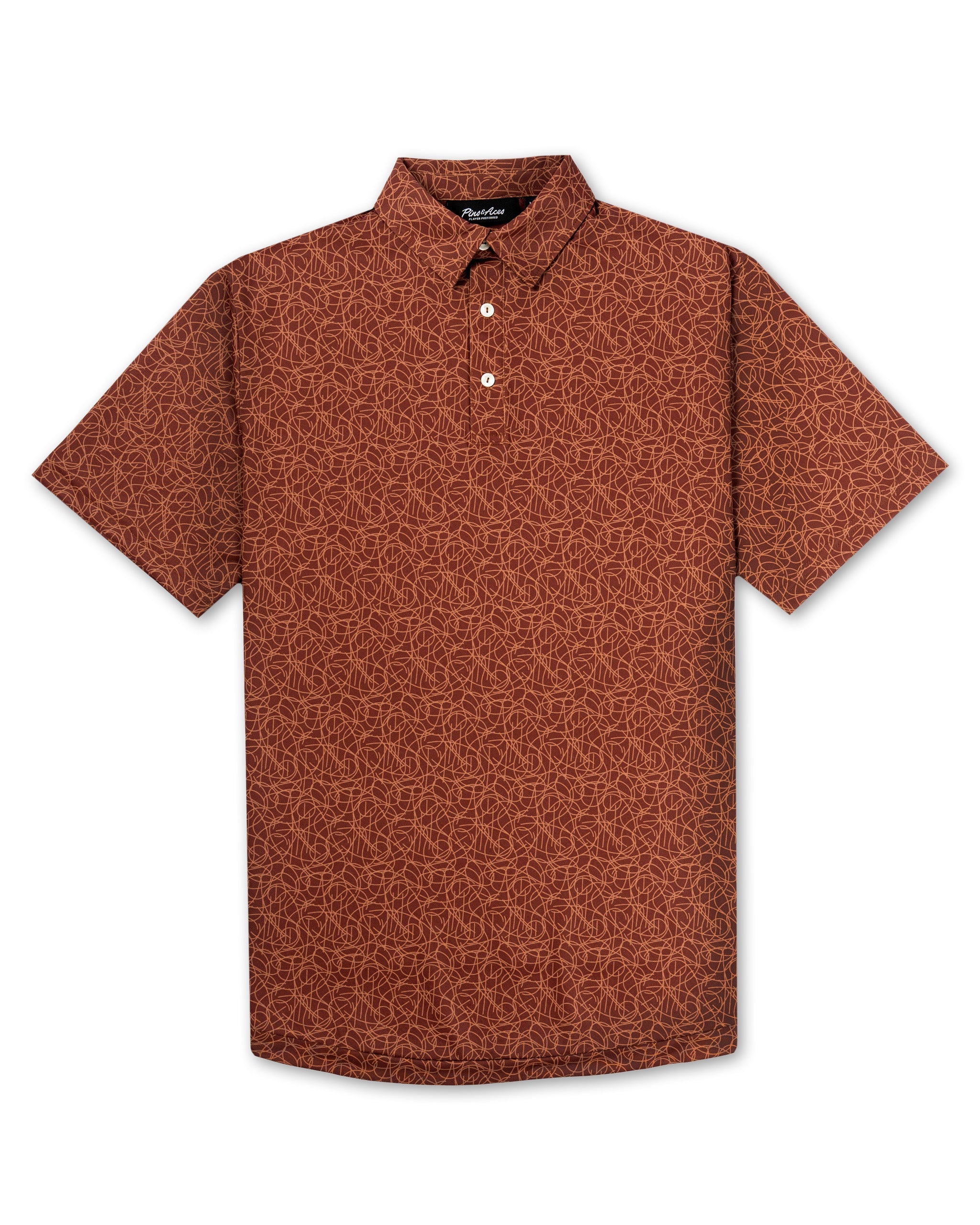 Men's short-sleeve golf polo in rust with a geometric pattern, designed for bold style on the course.