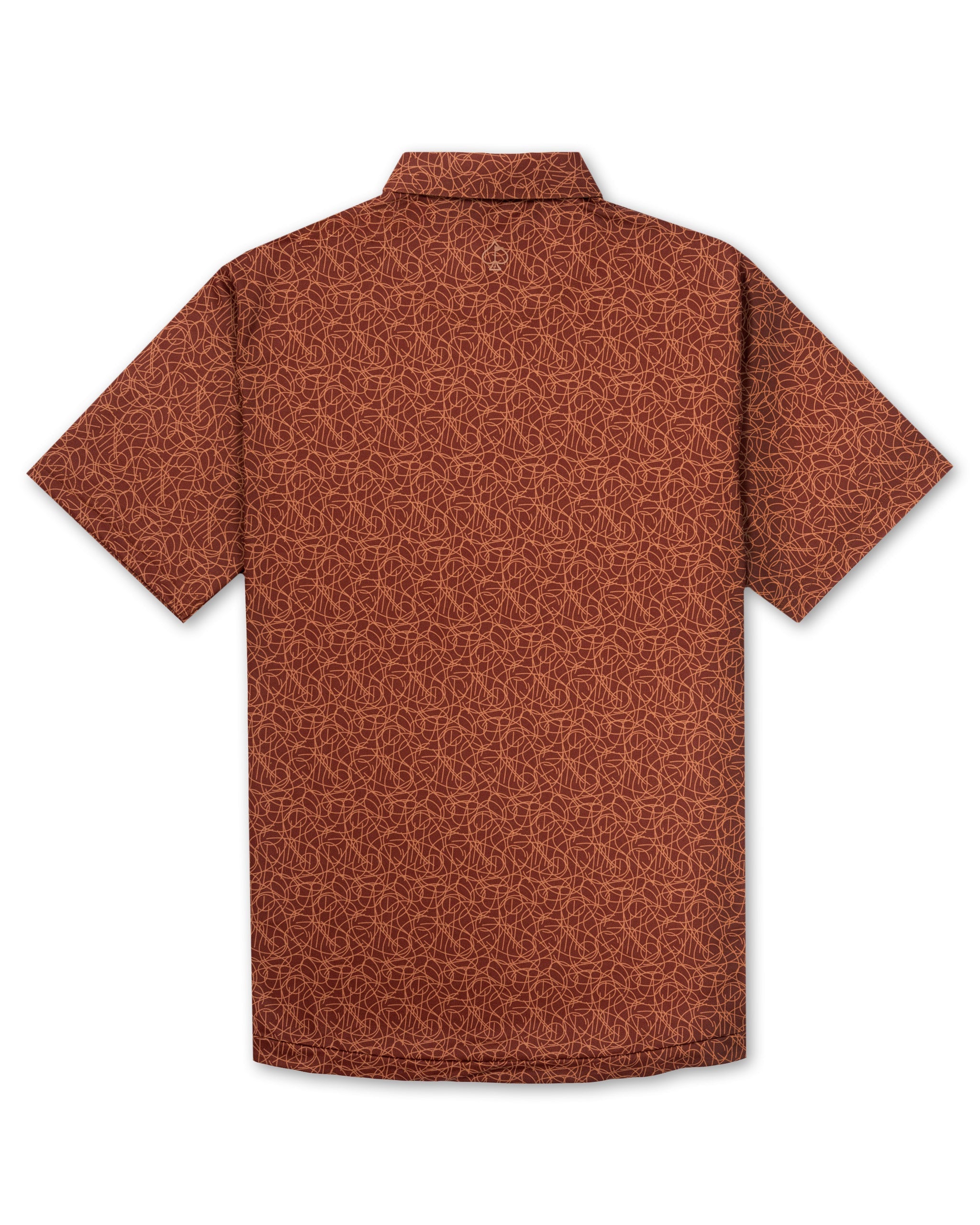 Men's short-sleeve golf shirt in rust with a unique filament pattern, perfect for stylish performance on the course.