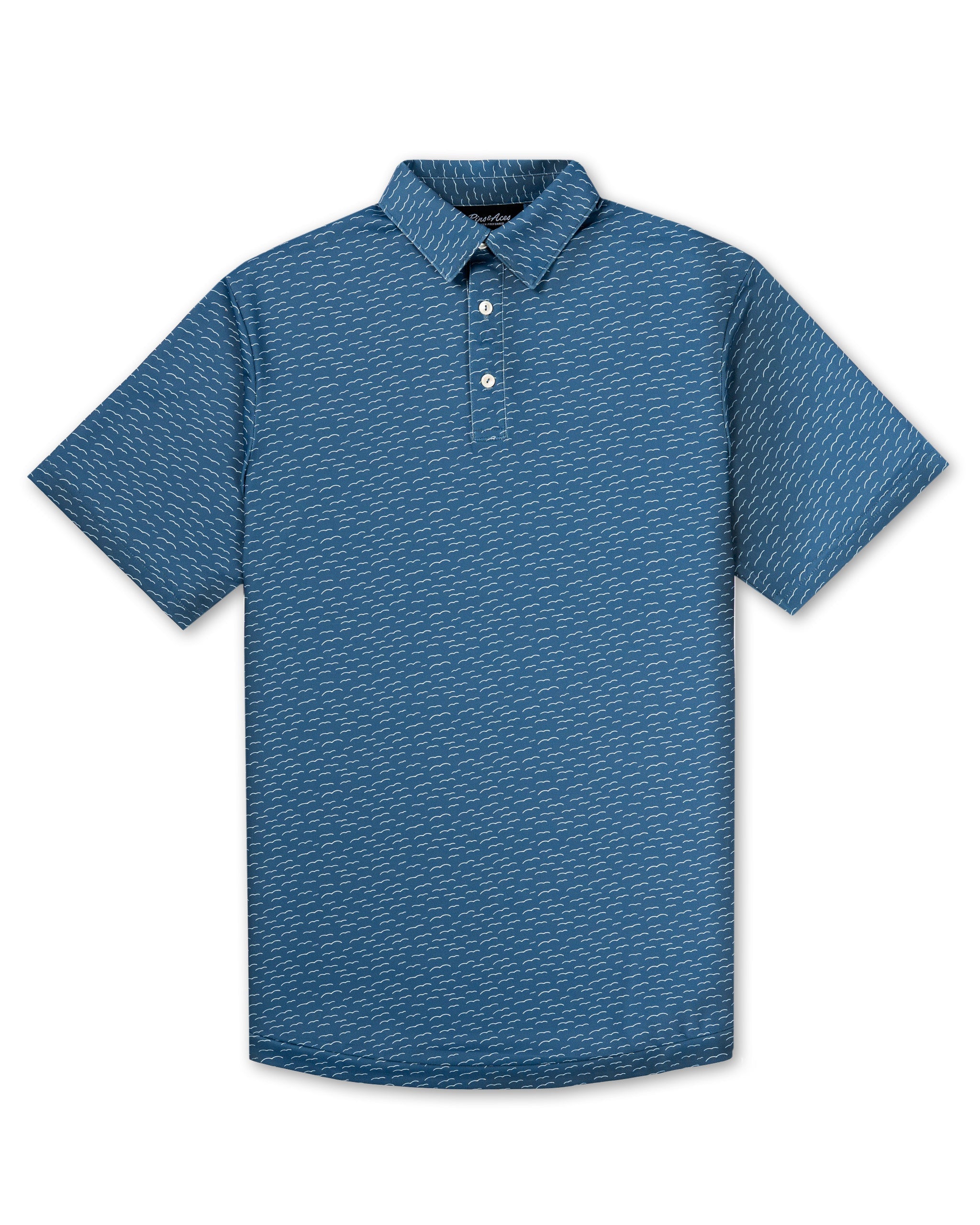 Men's blue polo shirt featuring a unique flight pattern design, perfect for stylish golfers on the course.
