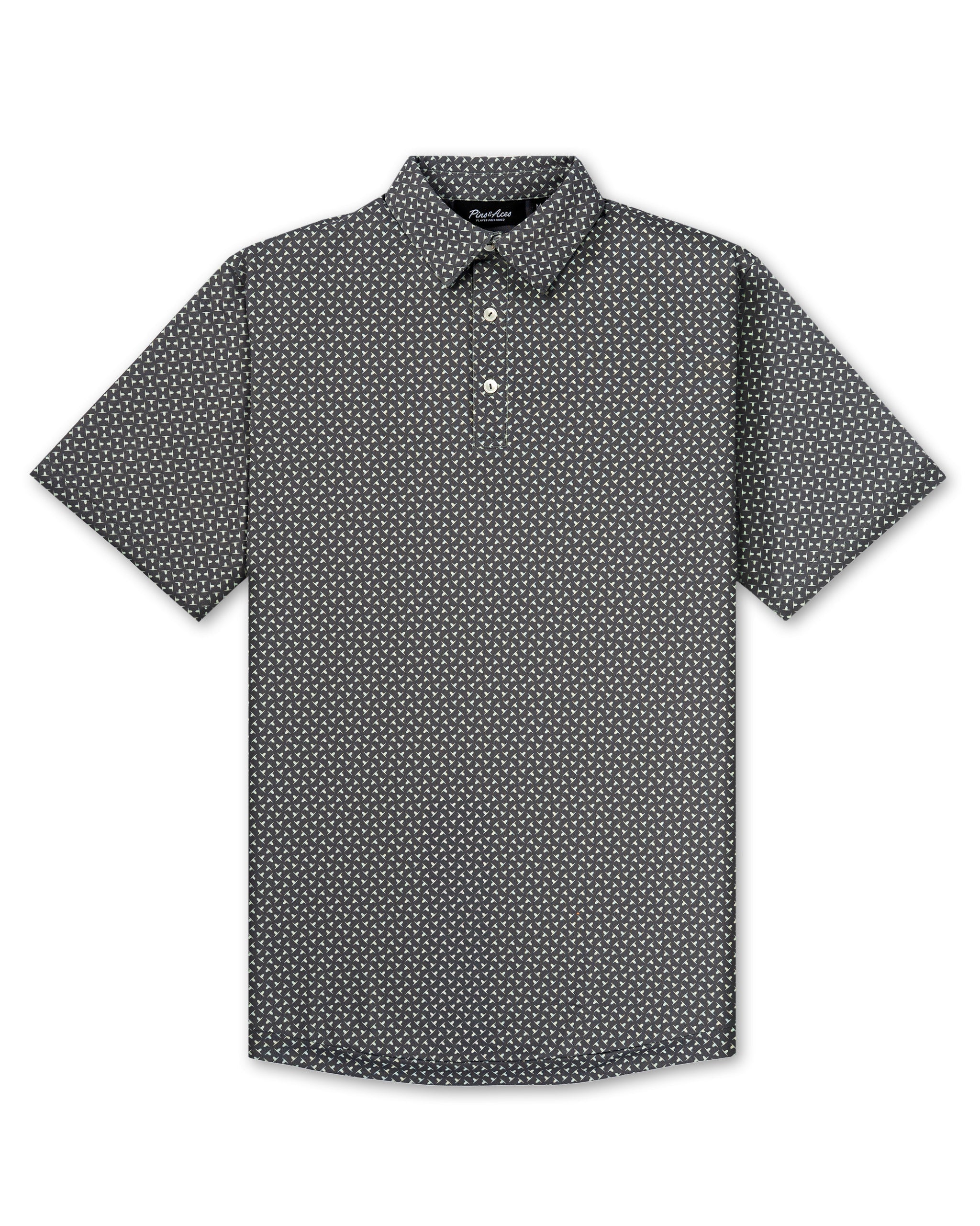 Men's short-sleeve polo shirt in black with a subtle jade drop pattern, perfect for stylish golf outings.