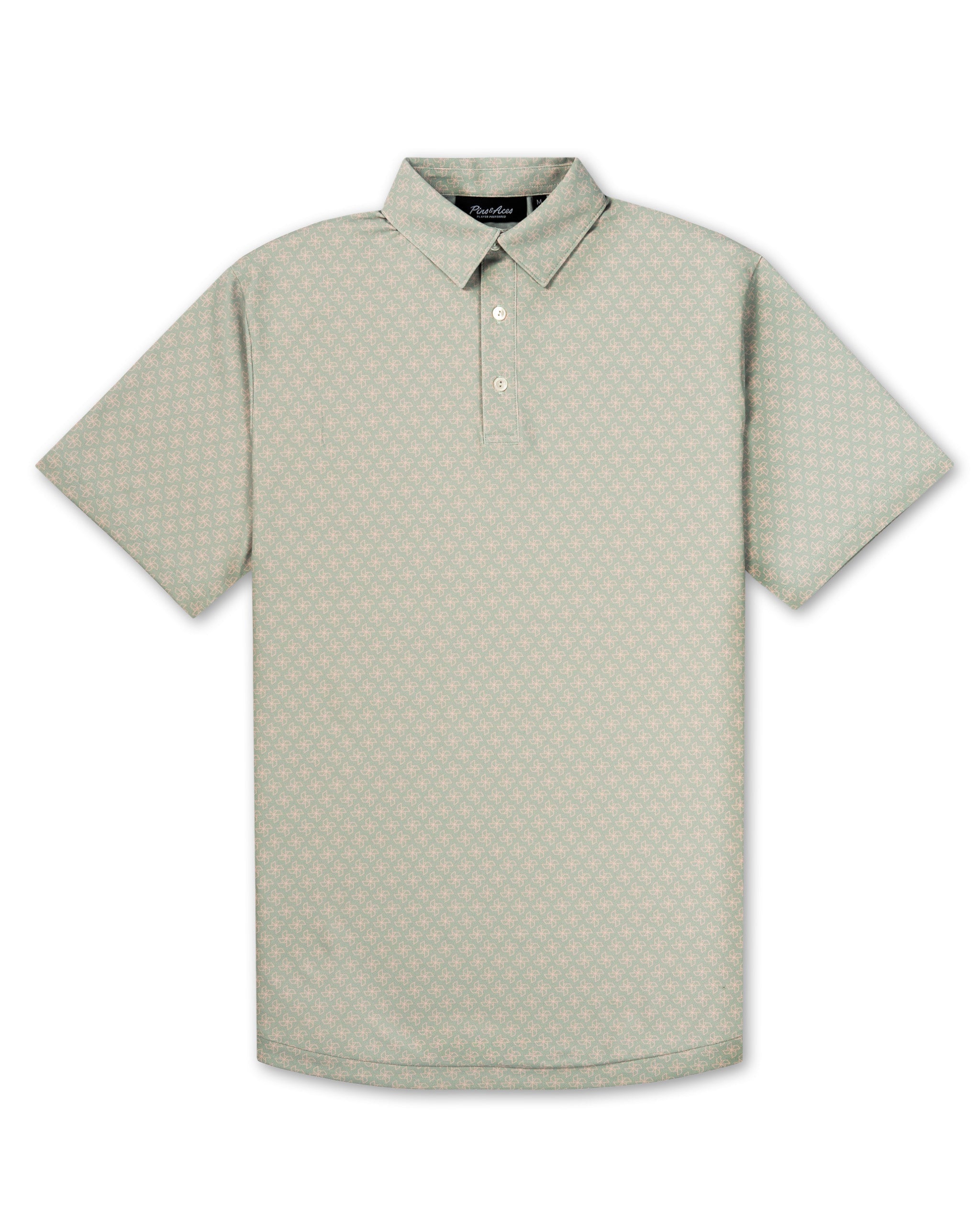 Light green polo shirt featuring an origami-inspired pattern, designed for golfers seeking a stylish and unique look on the course.