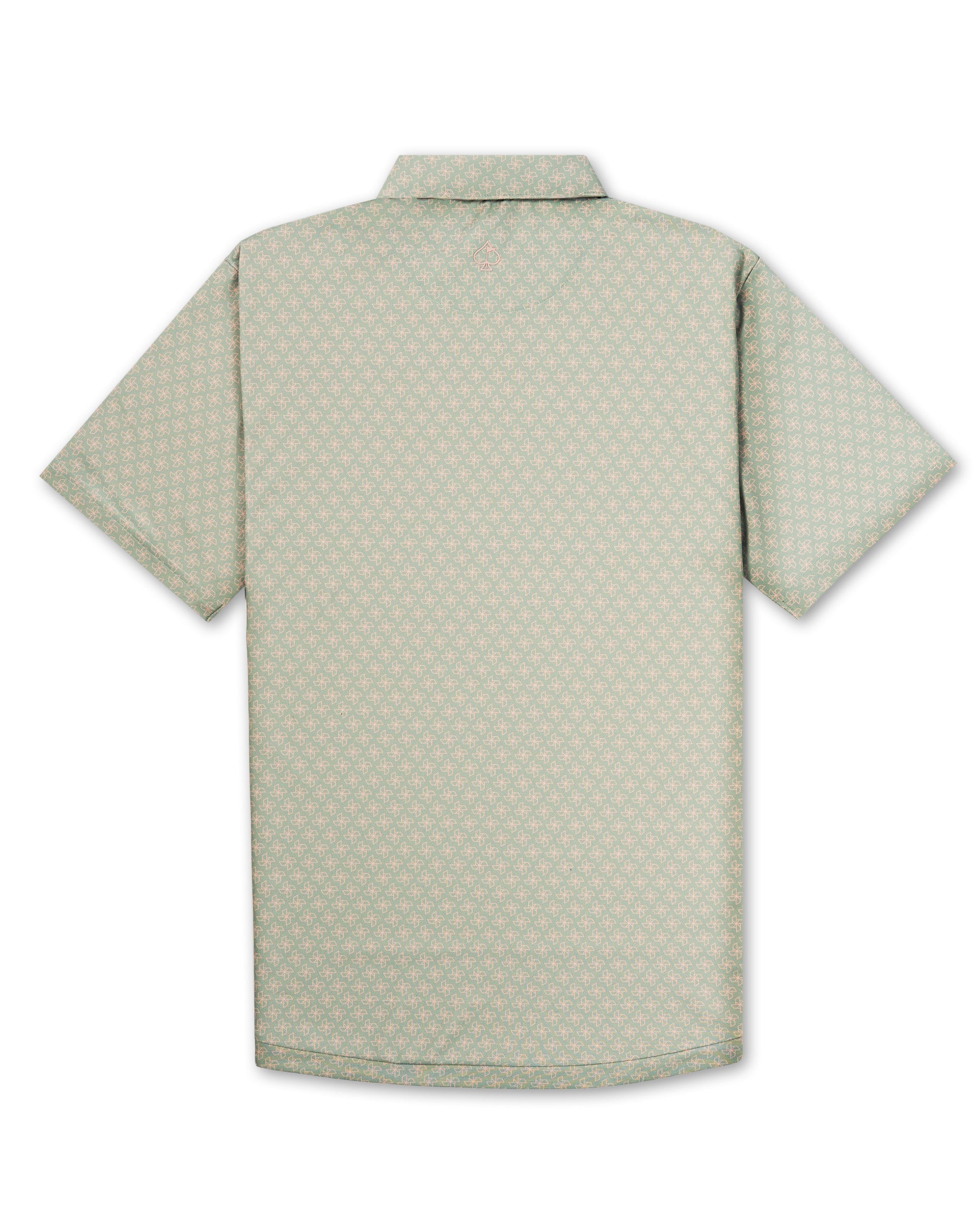 Men's short-sleeve golf shirt featuring a subtle origami pattern in soft green tones, designed for stylish performance on the course.
