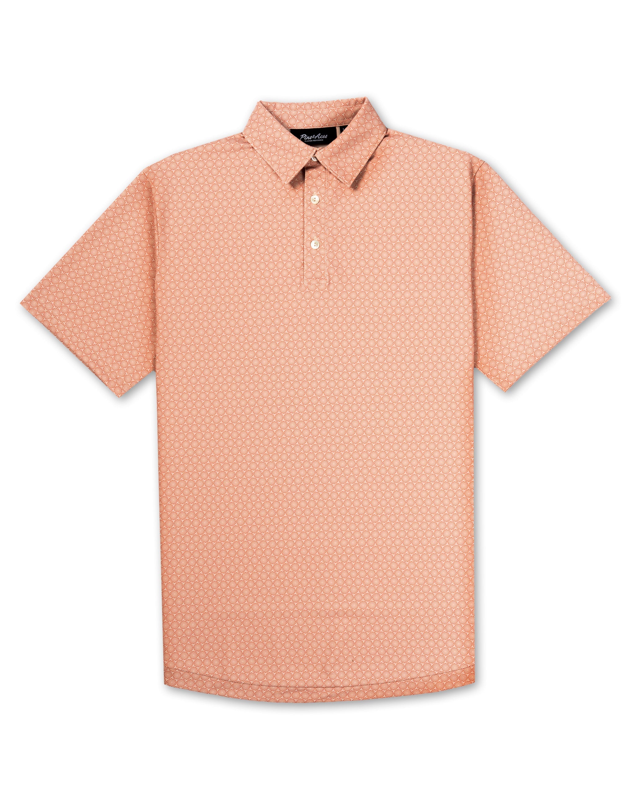 Light orange polo shirt featuring a subtle geometric pattern, designed for stylish golfers seeking a standout look.