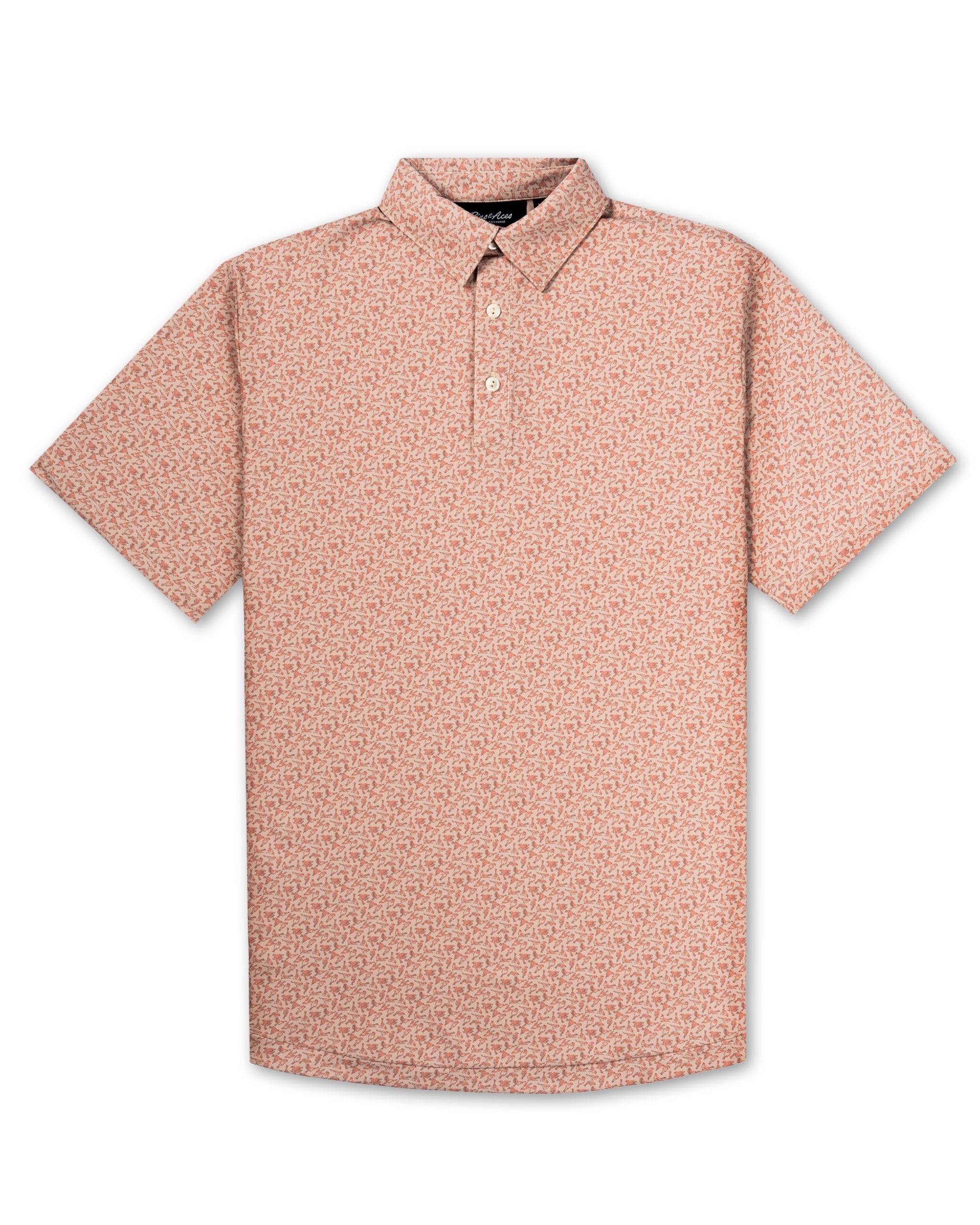 Men's short-sleeve polo shirt in a light coral color with a subtle geometric pattern, perfect for stylish golf outings.