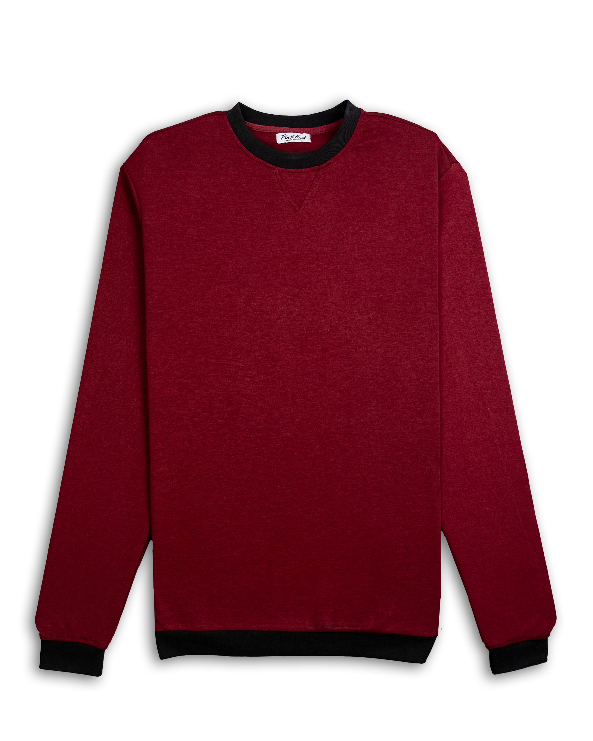 Red crewneck sweatshirt with black collar and cuffs, labeled Player Preferred™ Merlot, displayed against a black background.