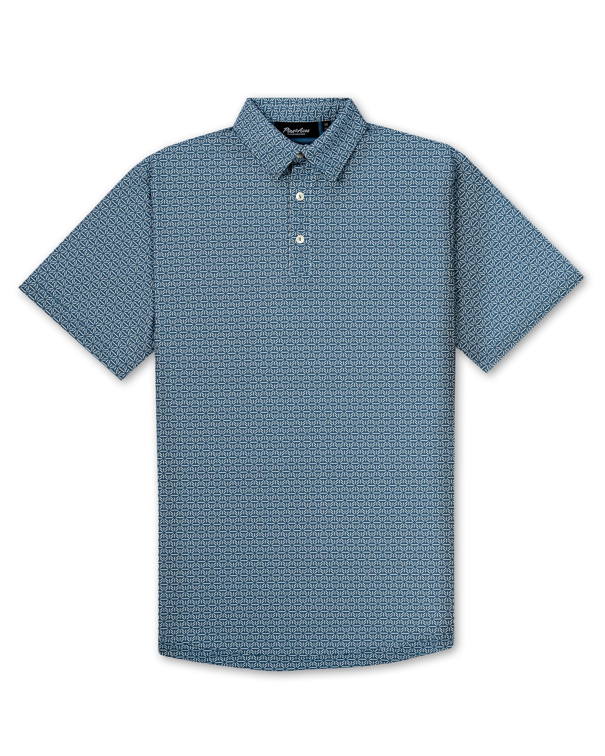 Men's short-sleeve golf polo shirt in blue with a subtle geometric pattern, perfect for stylish performance on the course.