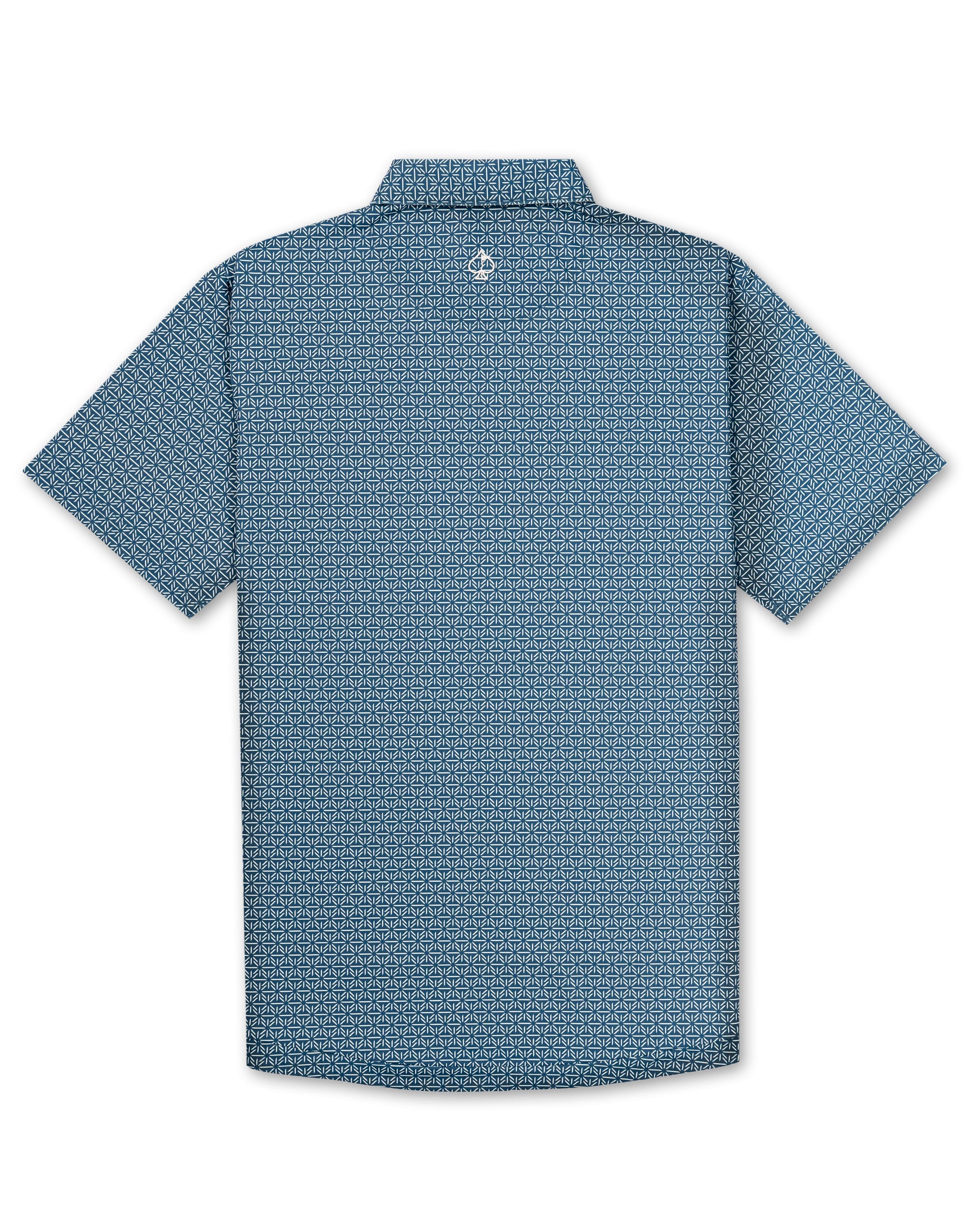 Back view of the Stardust golf shirt featuring a blue geometric pattern and a logo at the collar, perfect for stylish golfers.