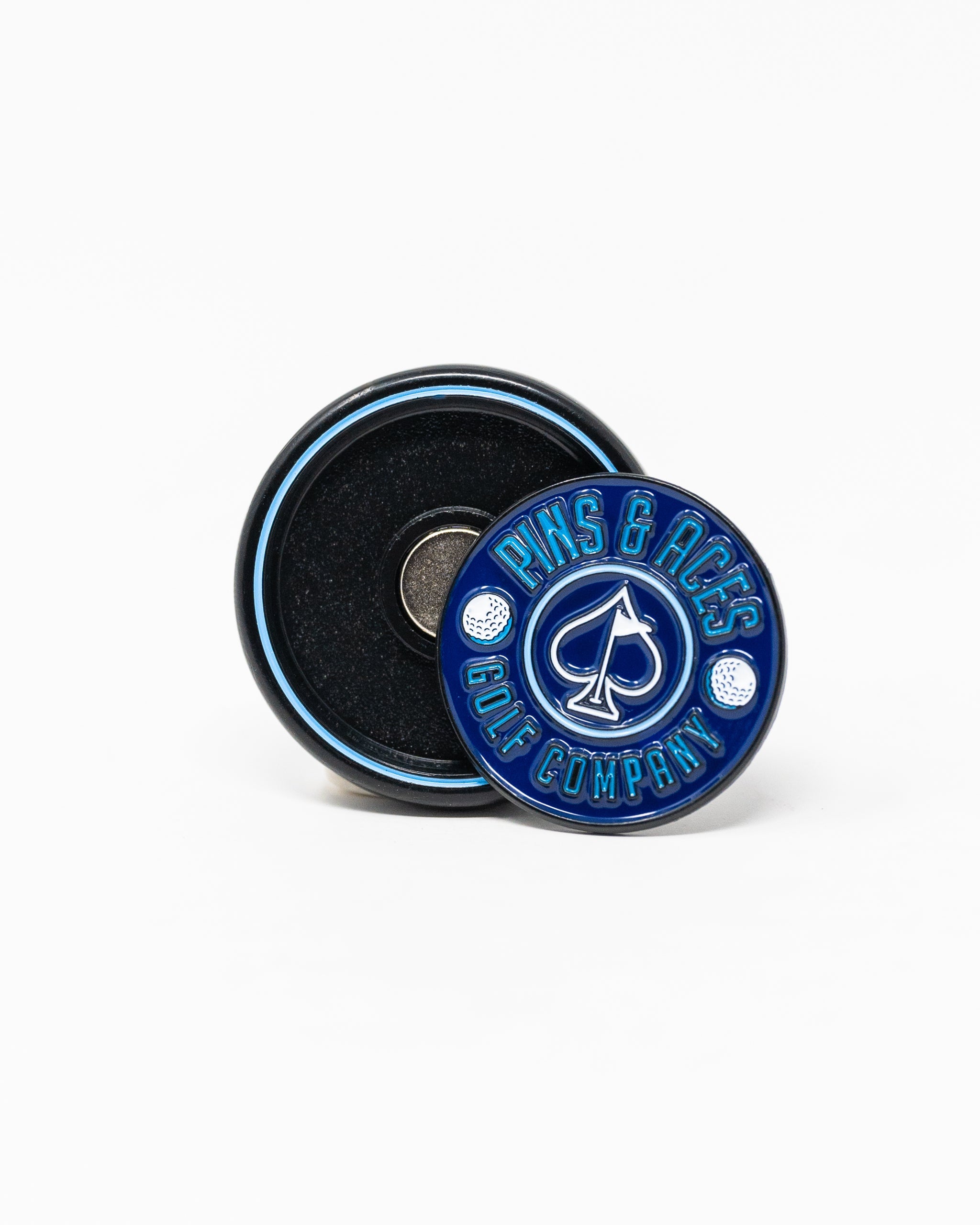 Navy Pop Out Medallion Ball Marker with logo design.