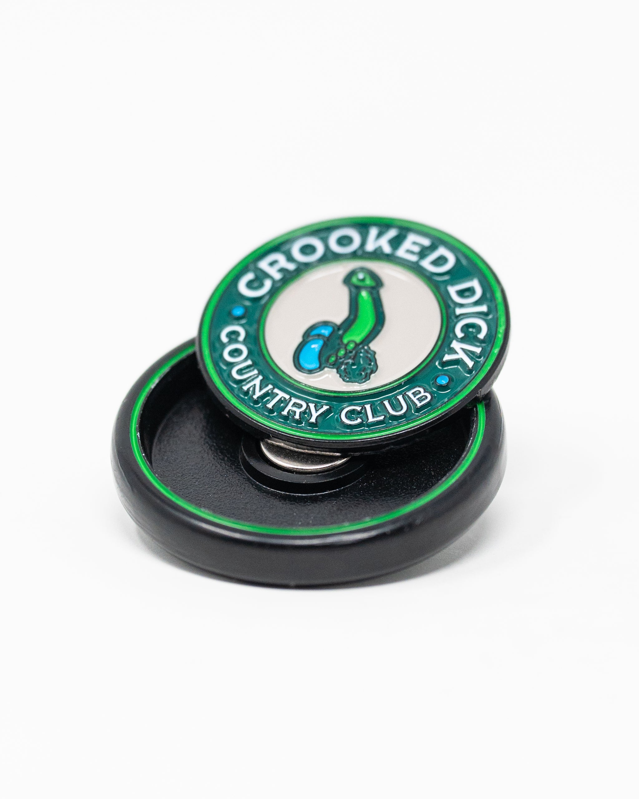 Pop Out Medallion Ball Marker featuring the Crooked Dick design, showcasing a unique and playful golf accessory.
