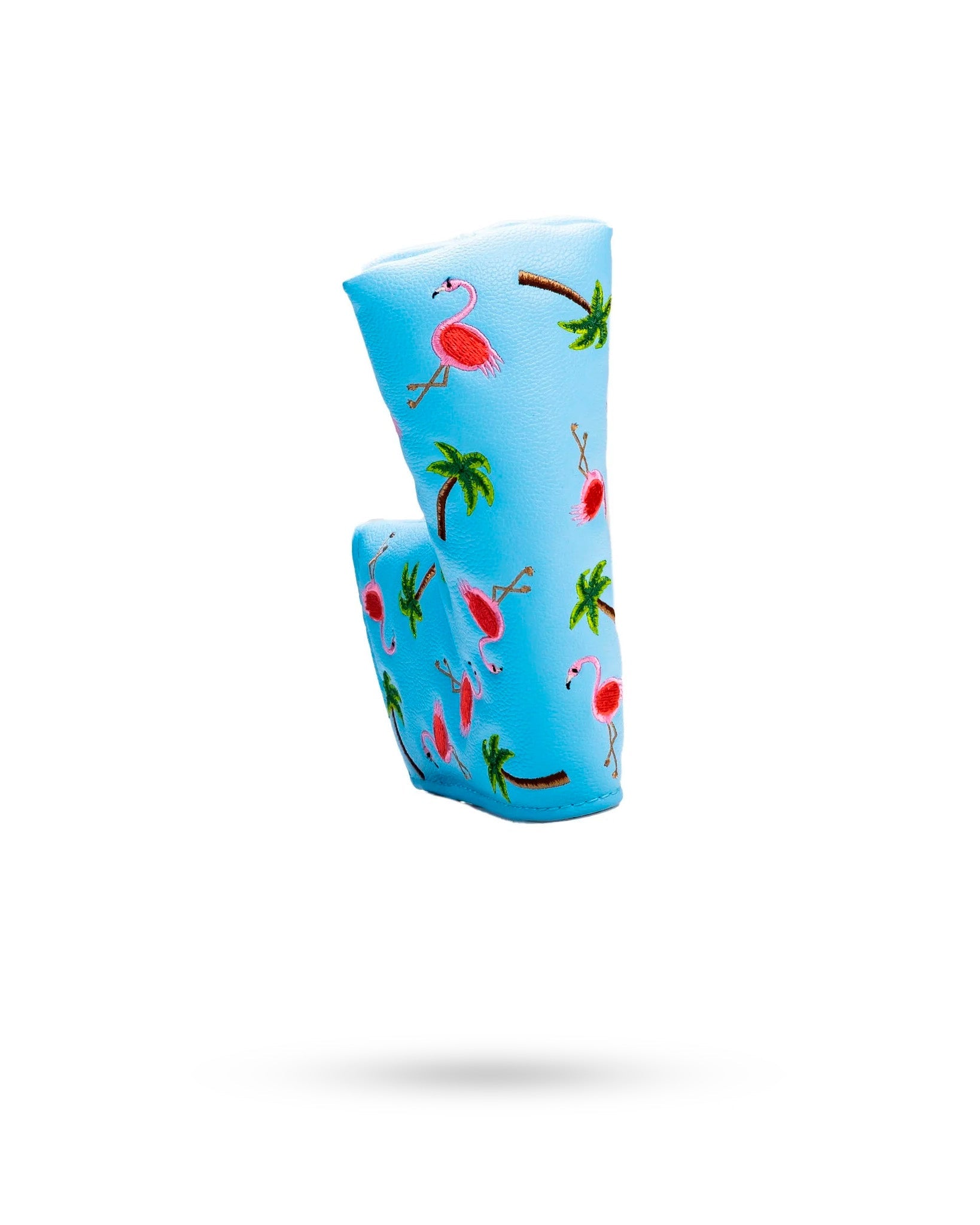Dancing Flamingos Blade Putter Cover featuring a vibrant pink flamingo design on a black background.