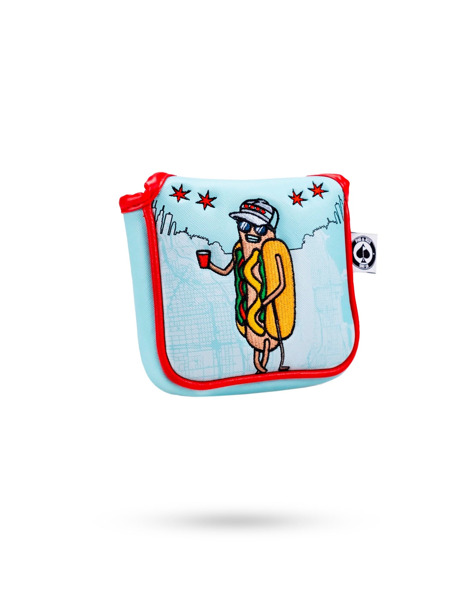 Alt text: Chicago Dog-themed mallet putter cover featuring a vibrant design with hot dog graphics, perfect for golf enthusiasts.