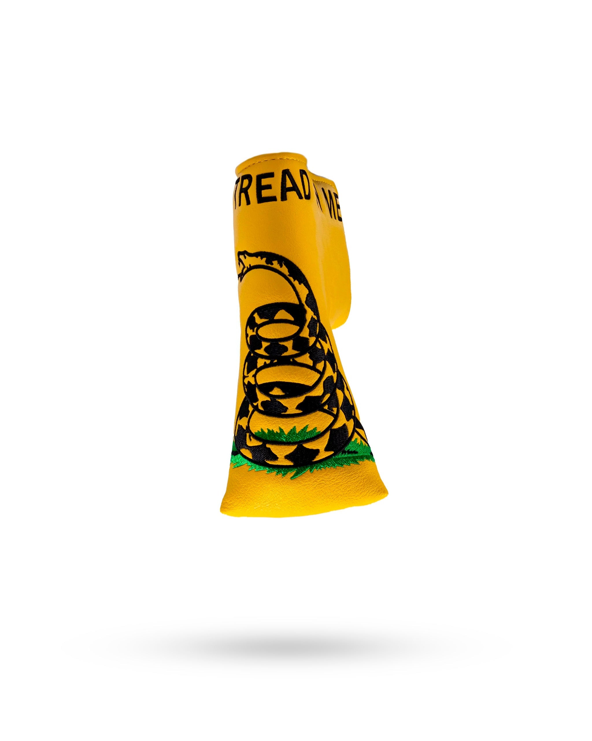 "Don't Tread on Me blade putter cover featuring a bold yellow and black design with a coiled snake emblem."
