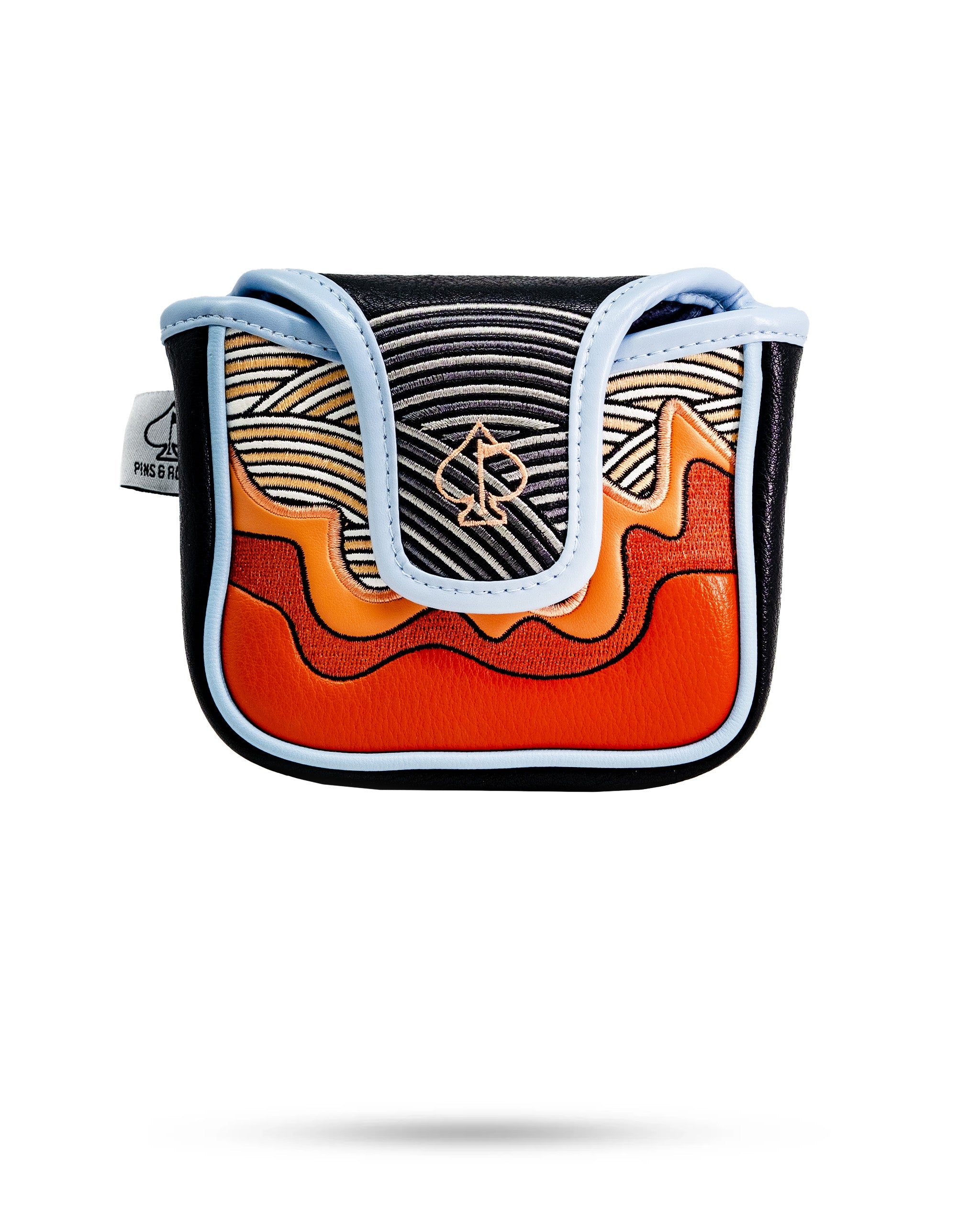 Colorful ramen-inspired mallet putter cover with black, orange, and blue accents, featuring a spade logo and stitched details.