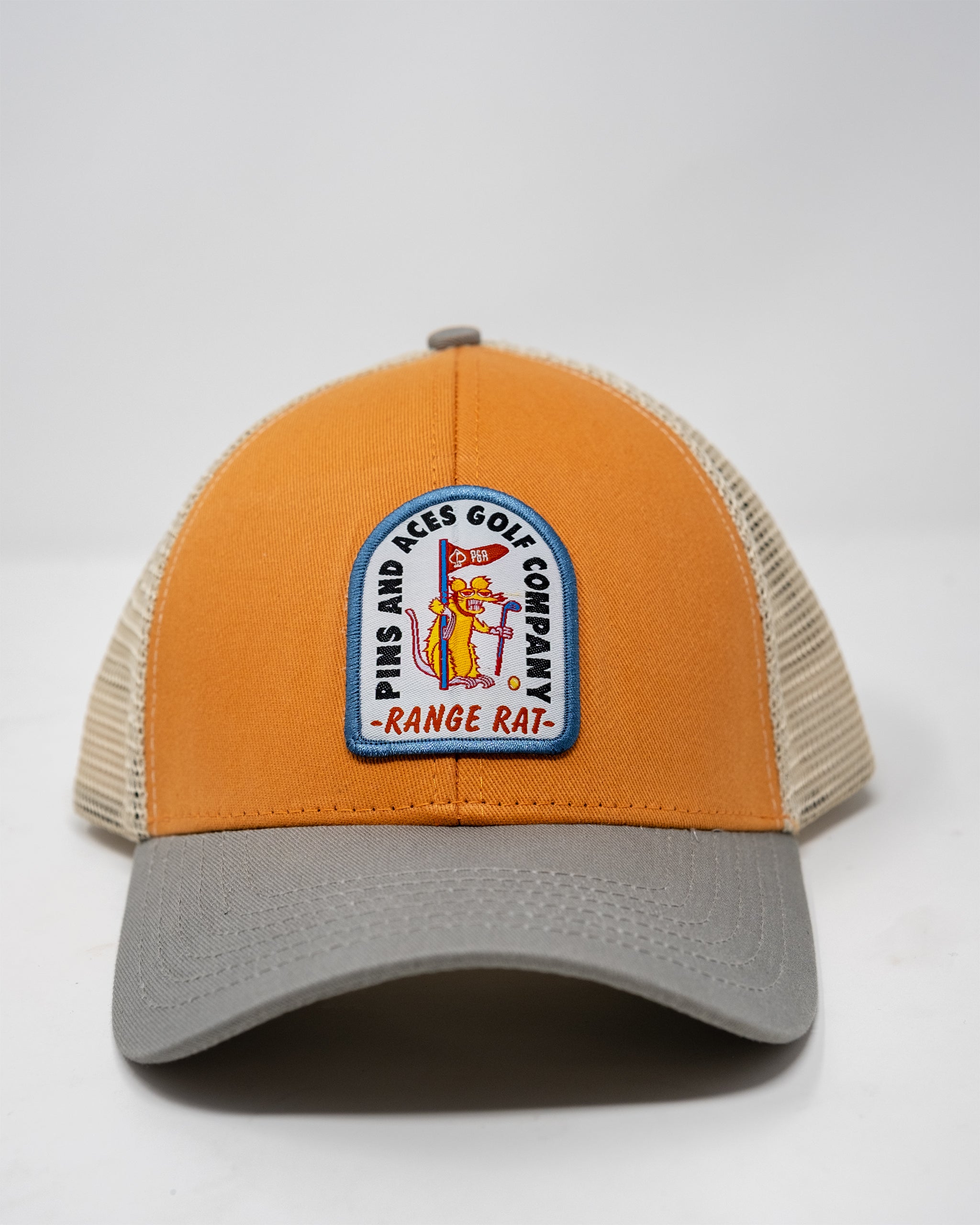 Orange trucker hat featuring a "Range Rat" design on the front, with a mesh back for breathability.