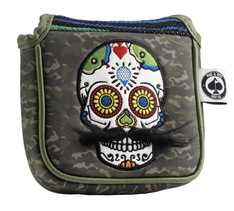 Mustache Sugar Skull mallet putter cover in green camo design.