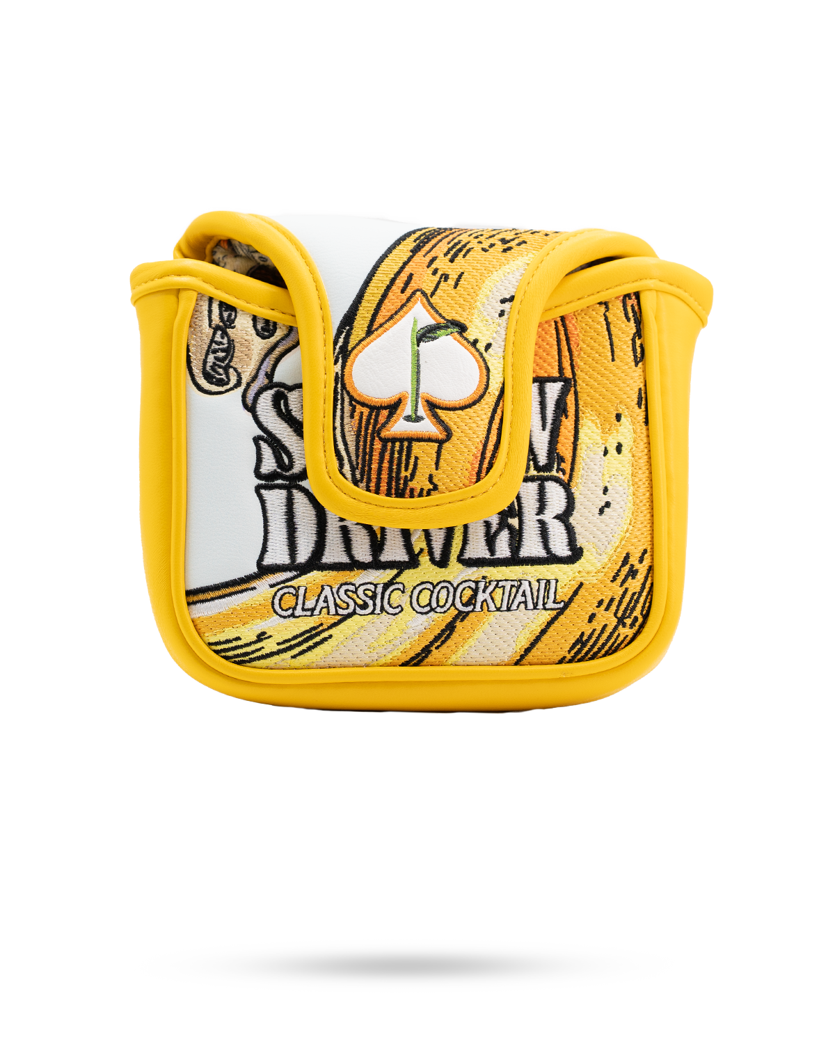 Bold mallet putter cover featuring a vibrant cocktail design with "Screw Driver" text, perfect for stylish golfers.