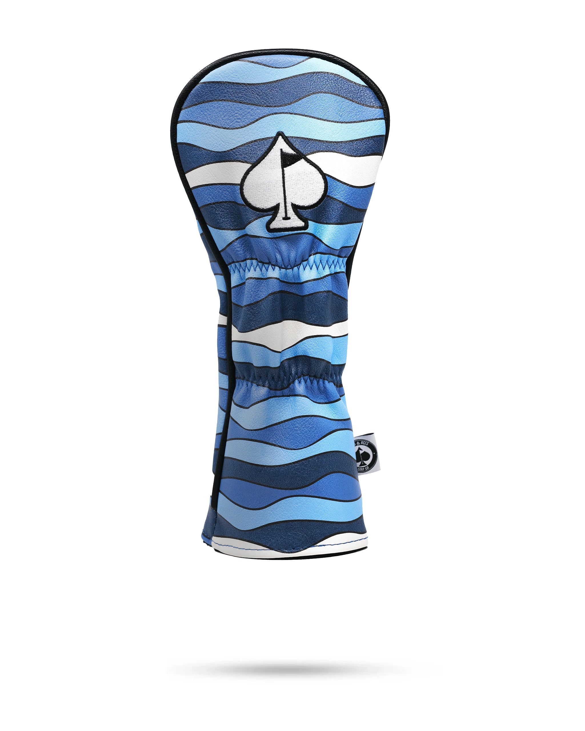 Blue wave-patterned golf headcover with a white spade logo, bold design for standout style on the course.