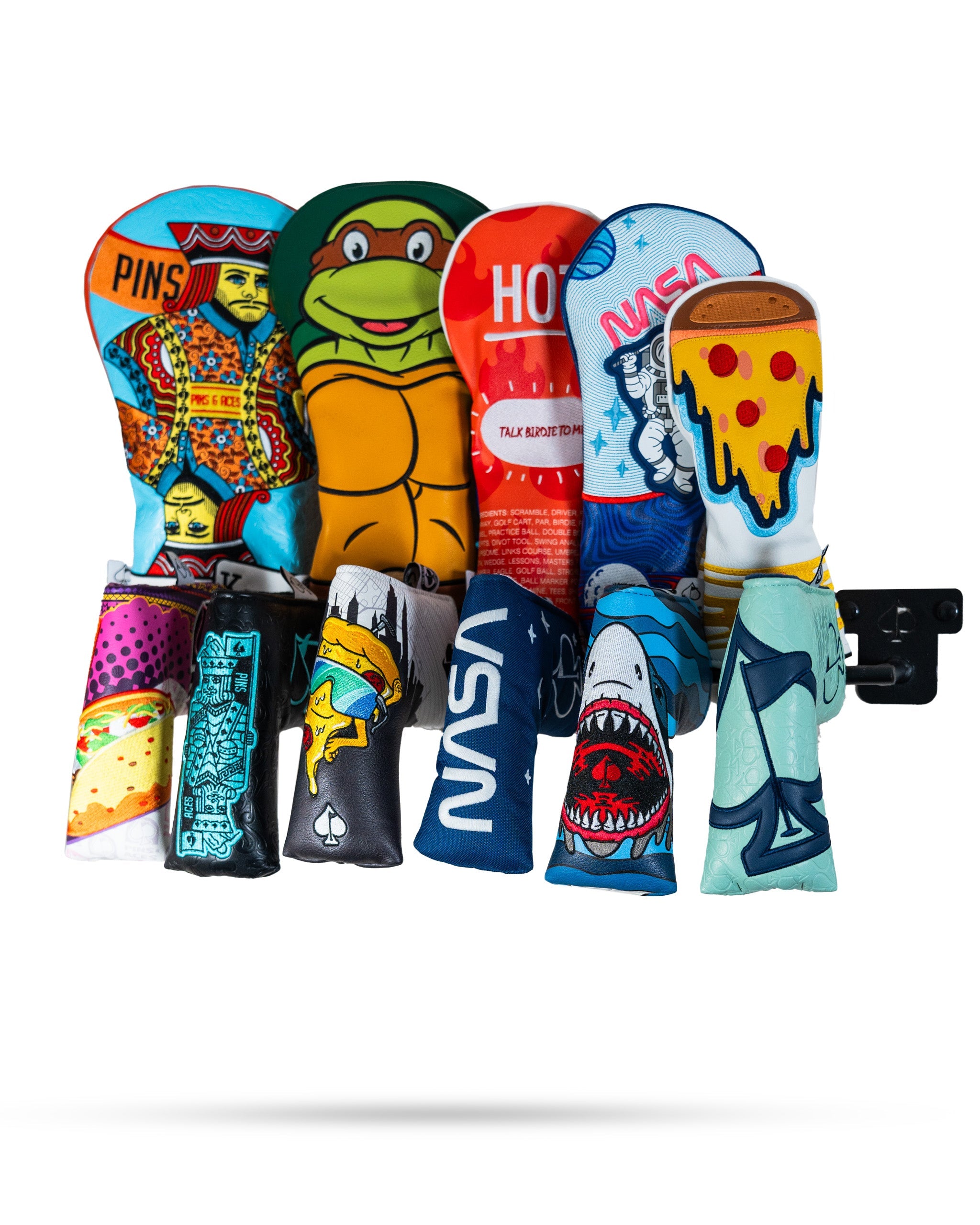 "Compact headcover rack displaying multiple golf headcovers organized and easily accessible."