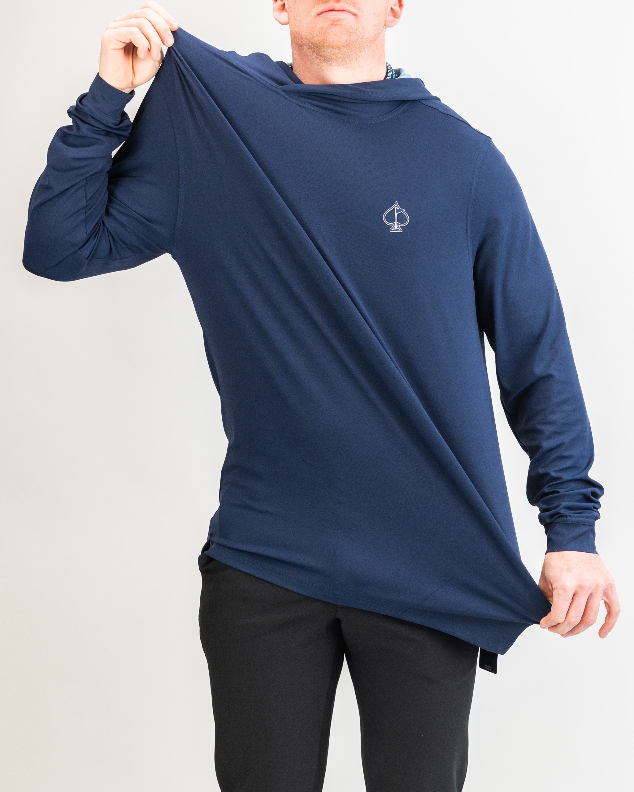 Navy Performance Golf Hoodie for men, featuring a sleek design and comfortable fit, ideal for active wear on the golf course.