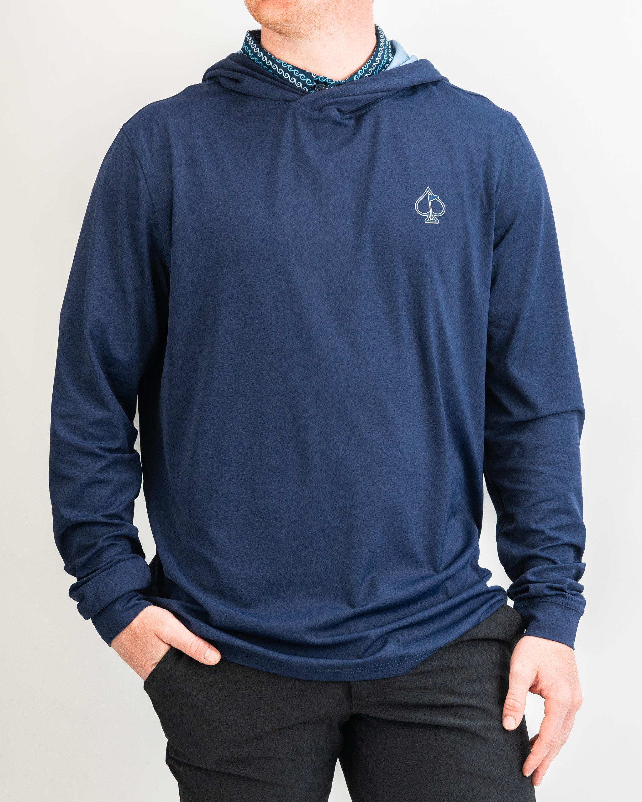 Navy performance golf hoodie with a sleek design and comfortable fit, ideal for activewear.