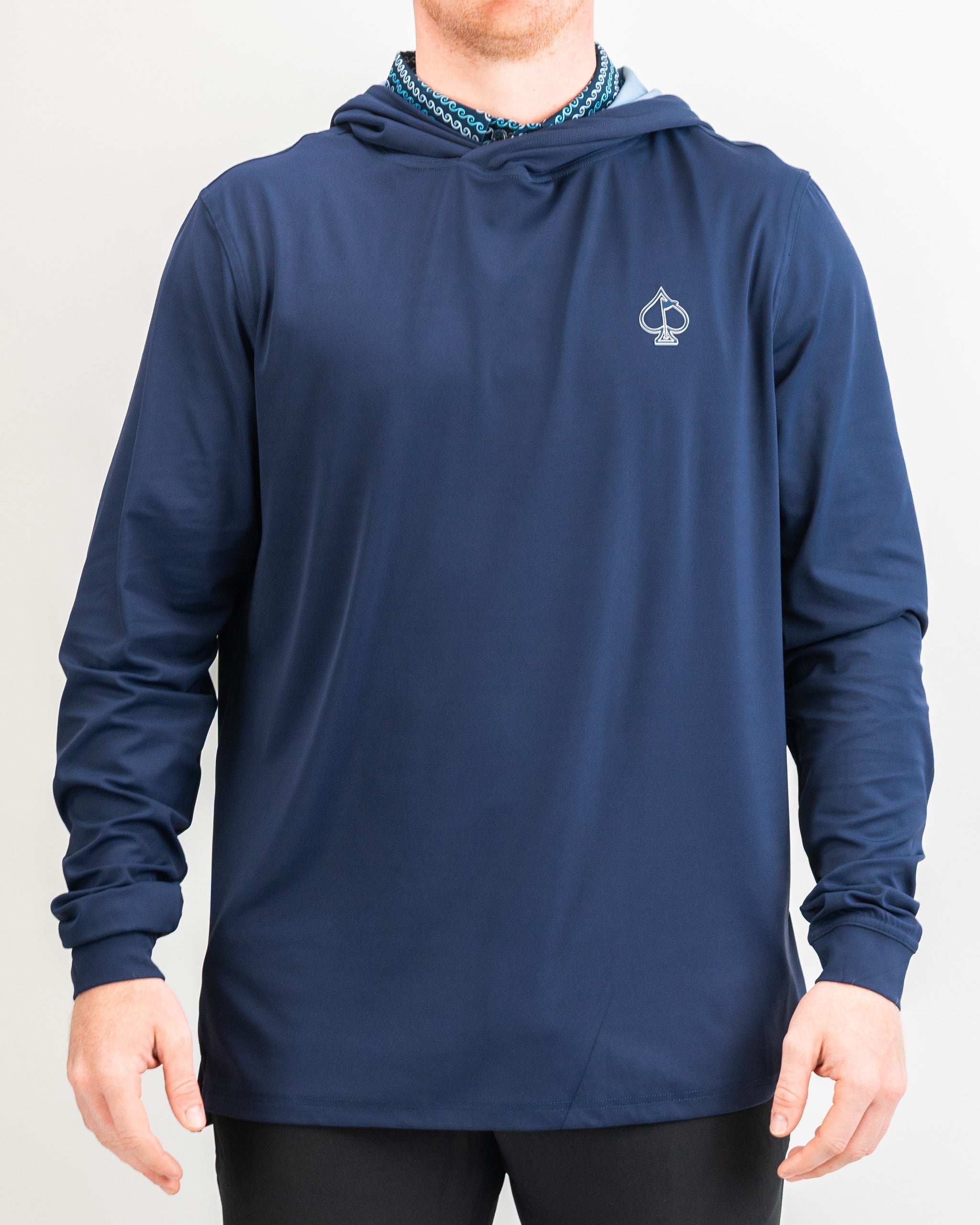 Navy performance golf hoodie for men, featuring a sleek design and comfortable fabric, ideal for outdoor golfing.
