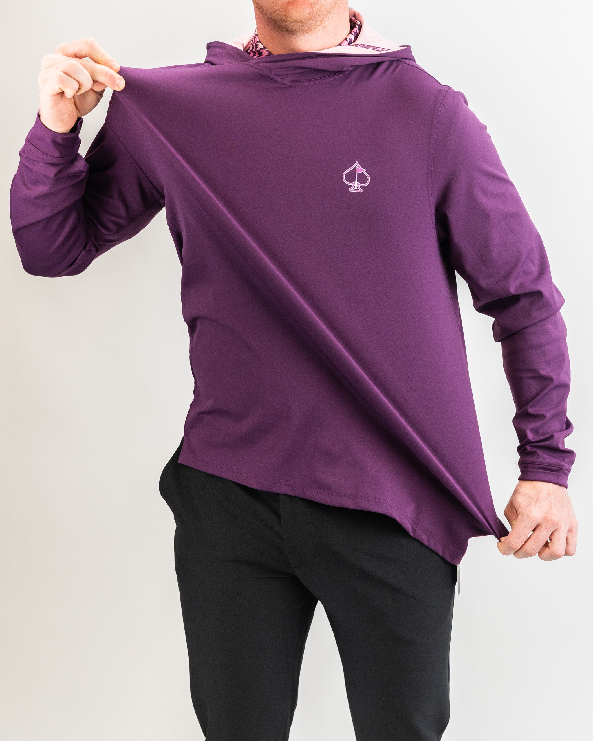 Performance Golf Hoodie in Houndstooth Raspberry pattern, featuring a stylish design and comfortable fit for optimal golfing performance.