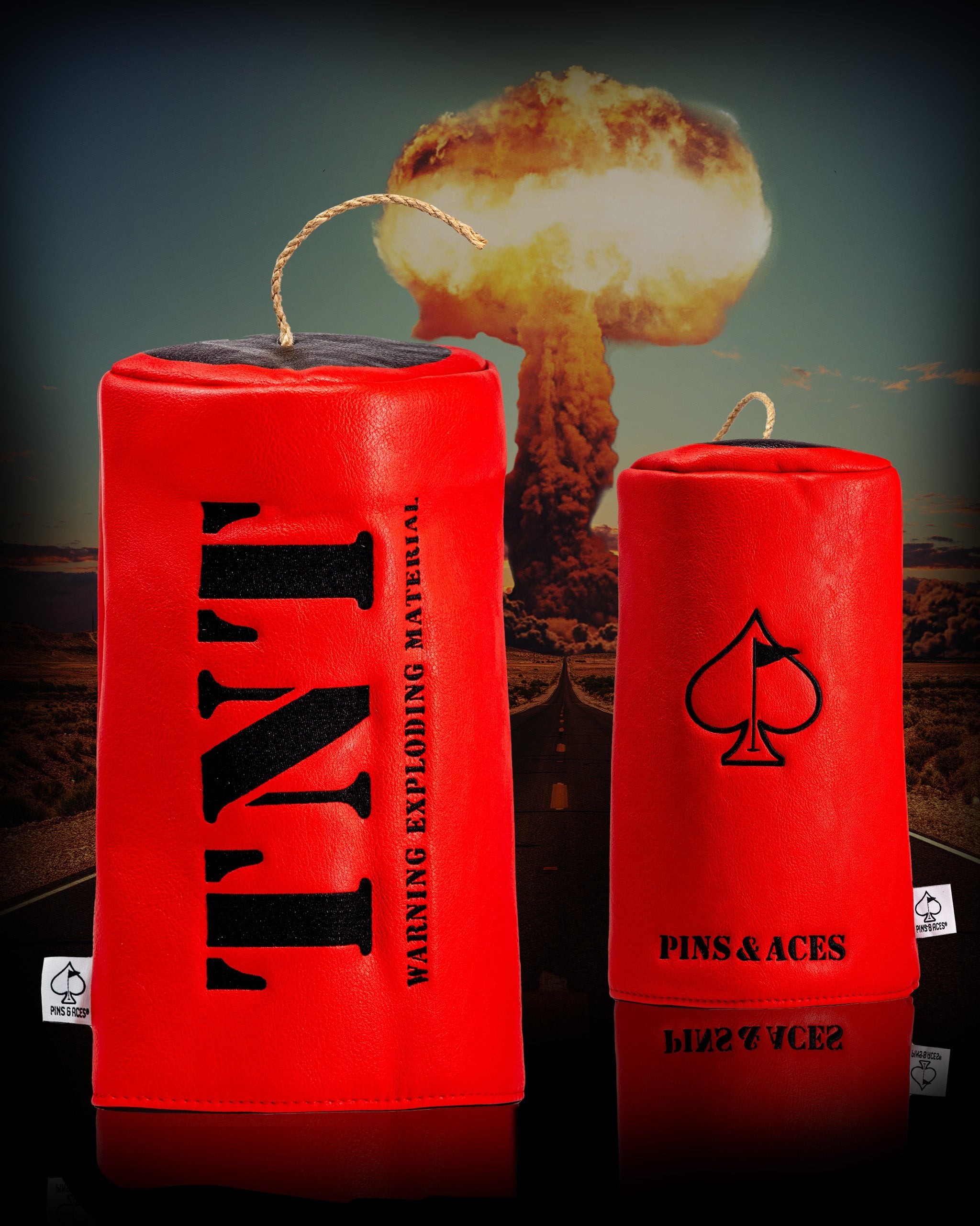 Red TNT driver cover with black logo and warning text, set against a dramatic background of an explosion and a deserted road.