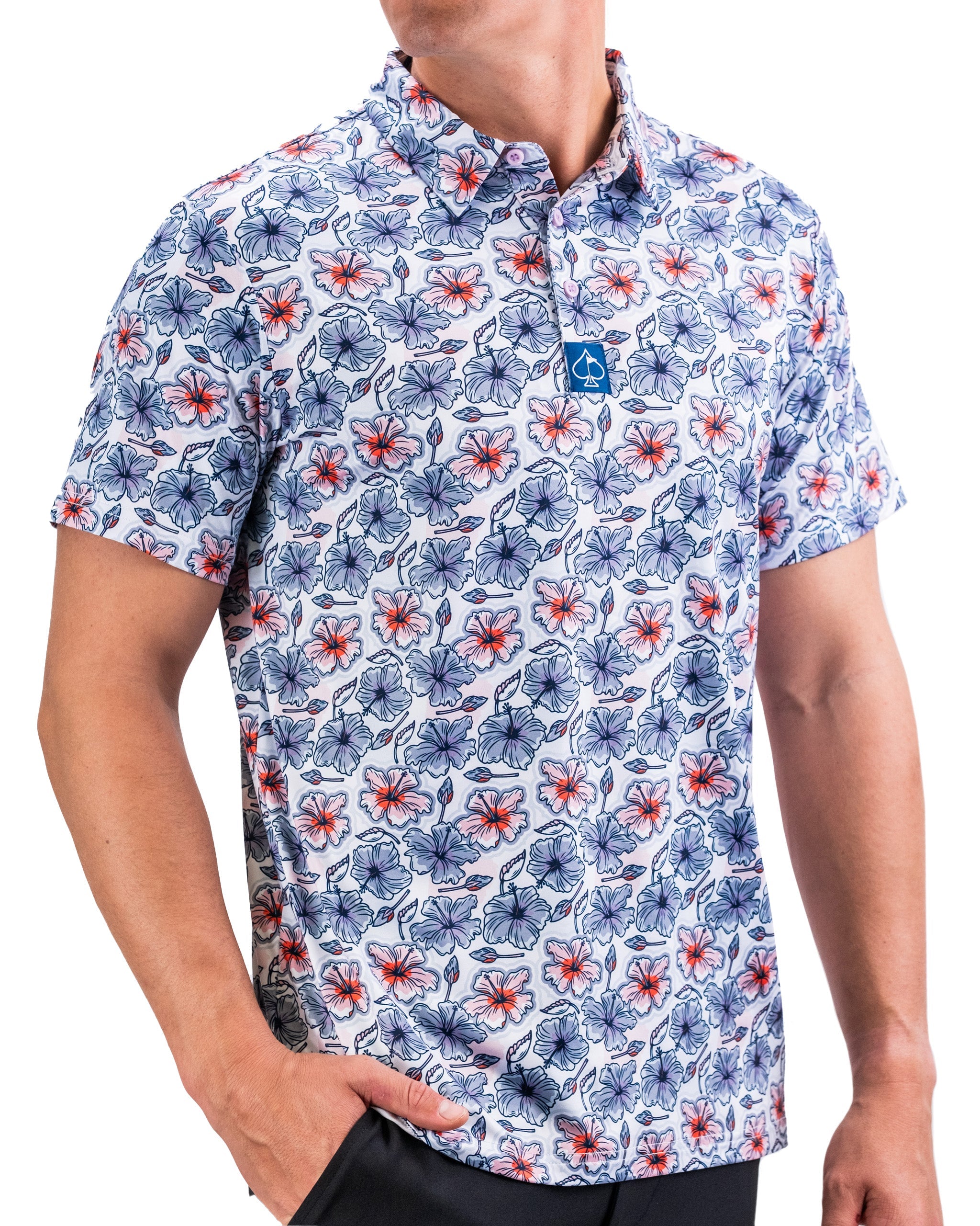 Men's Hibiscus Harmony shirt featuring a vibrant floral pattern in shades of pink and green, ideal for spring attire.