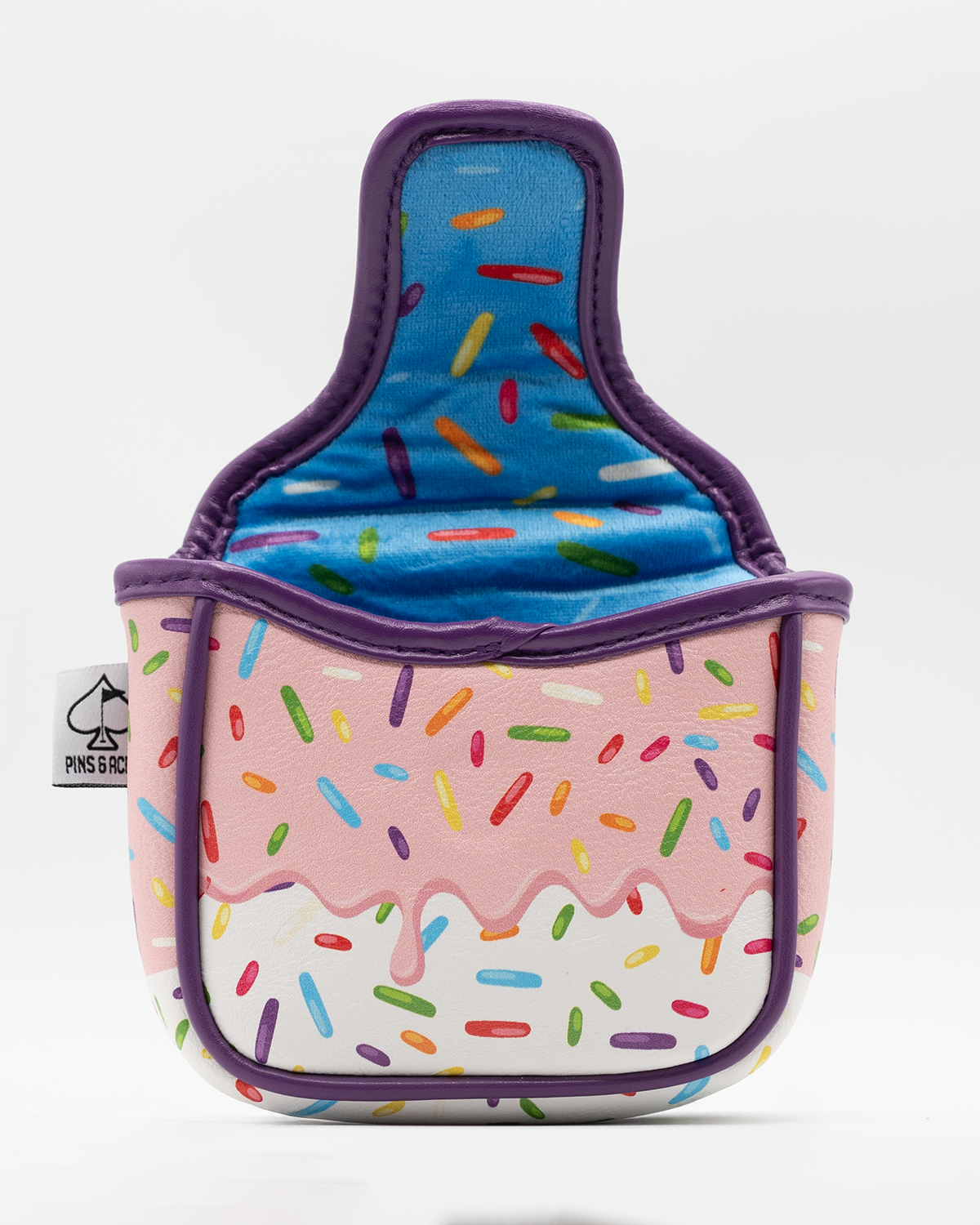 Colorful mallet putter cover featuring a pink icing design with sprinkles, perfect for adding fun to your golf gear.
