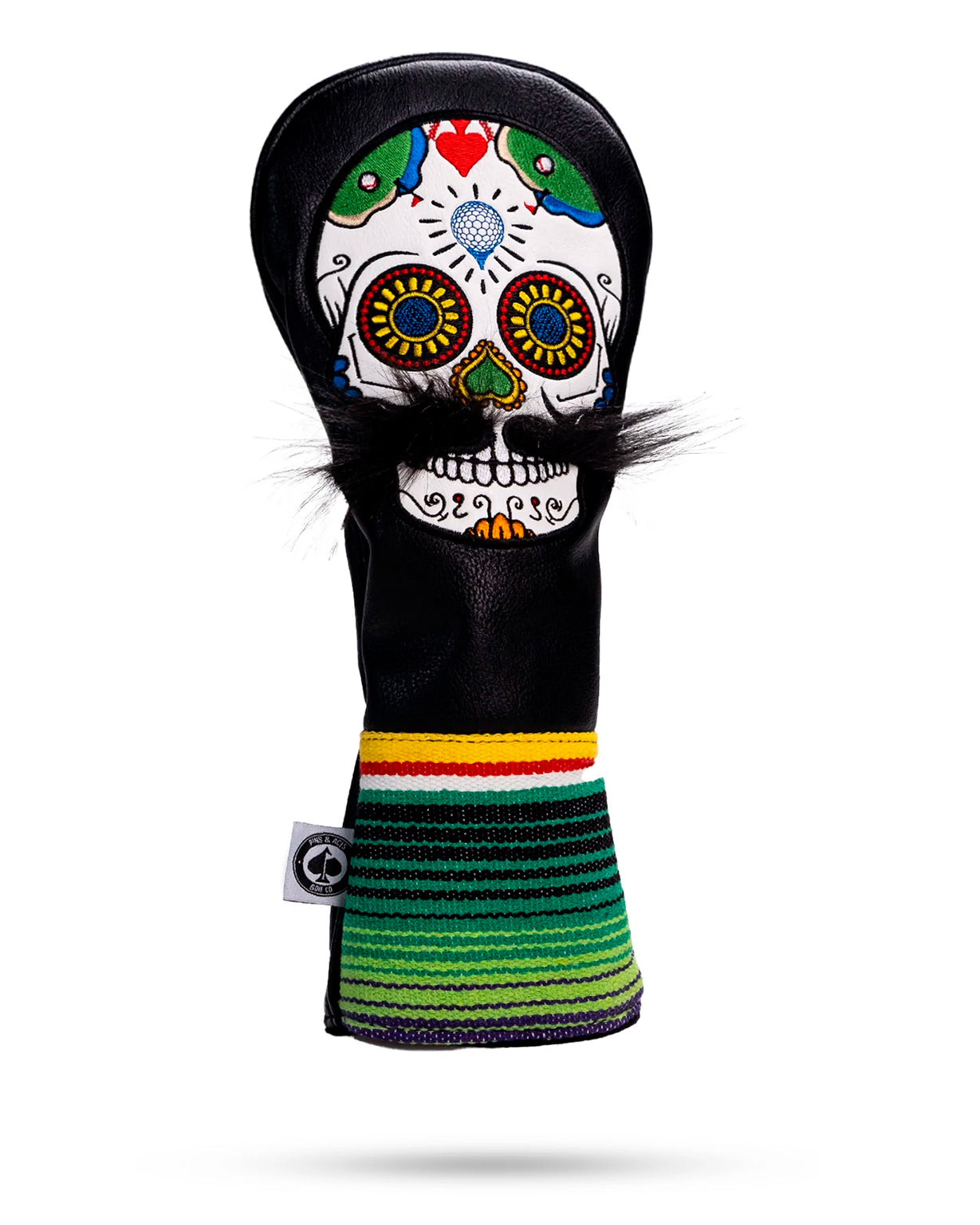 Black driver cover featuring a mustache sugar skull design, ideal for golf enthusiasts.