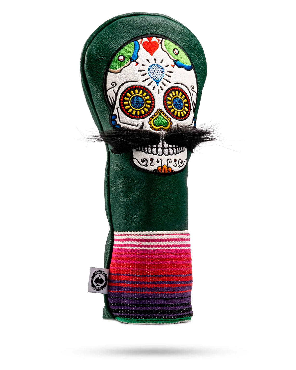 Colorful skull-themed golf headcover with embroidered details, black faux mustache, and rainbow-striped sock pattern.