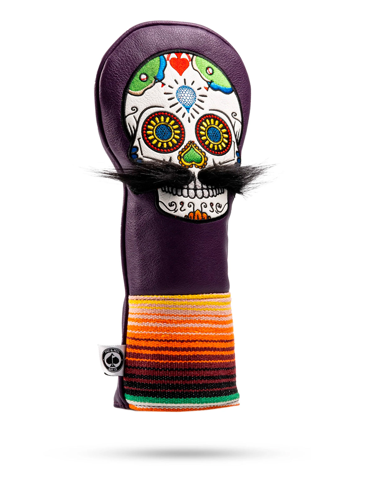 Purple mustache sugar skull fairway cover for golf clubs, featuring vibrant colors and intricate designs.