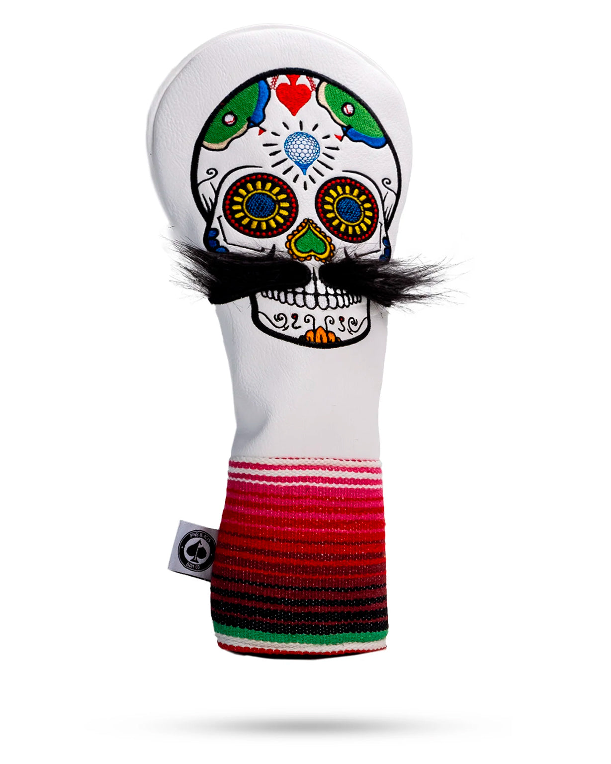 White mustache sugar skull fairway cover for golf clubs, featuring intricate colorful designs and a classic sugar skull motif.