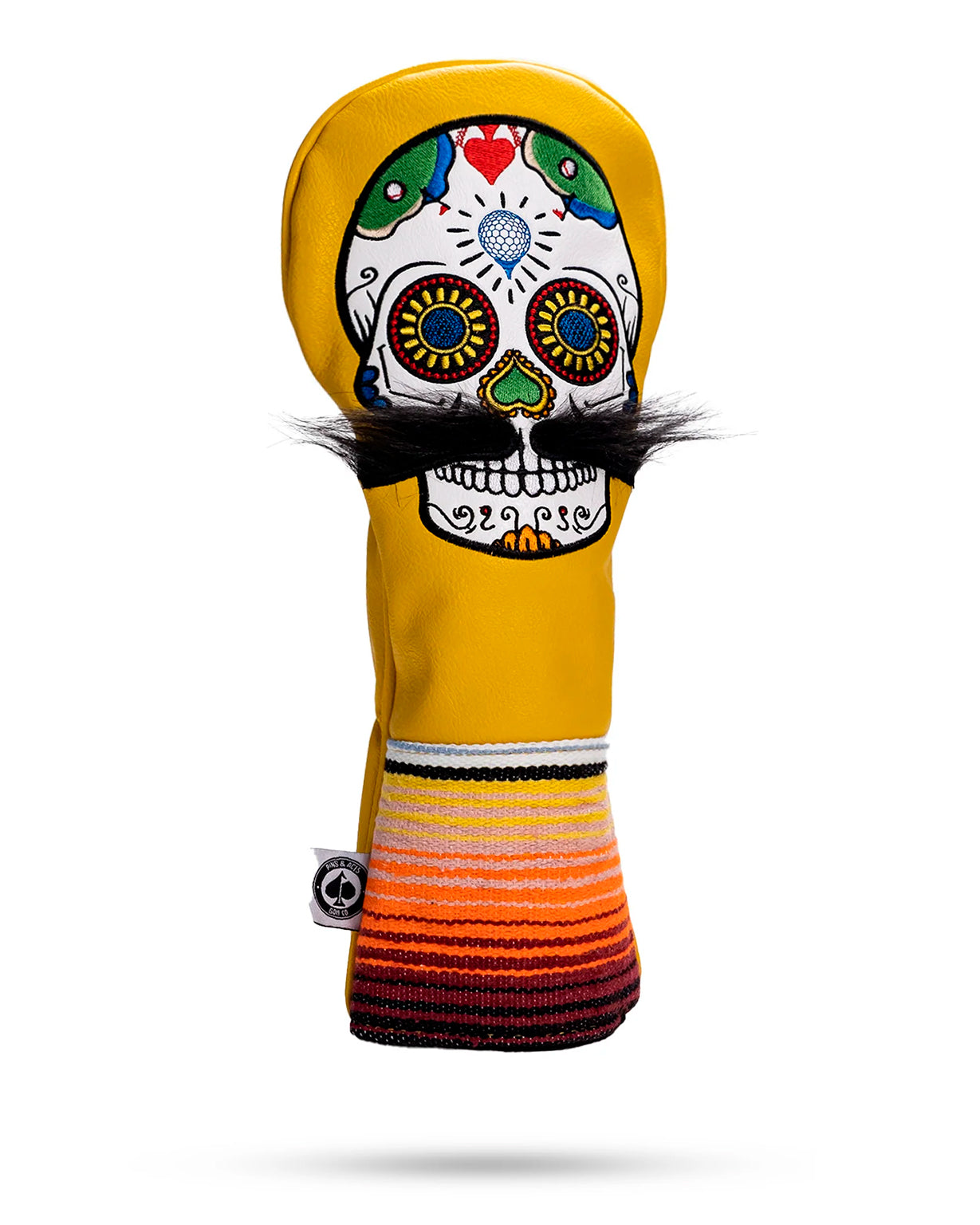 Yellow sugar skull fairway cover featuring a mustache design, ideal for golf clubs.