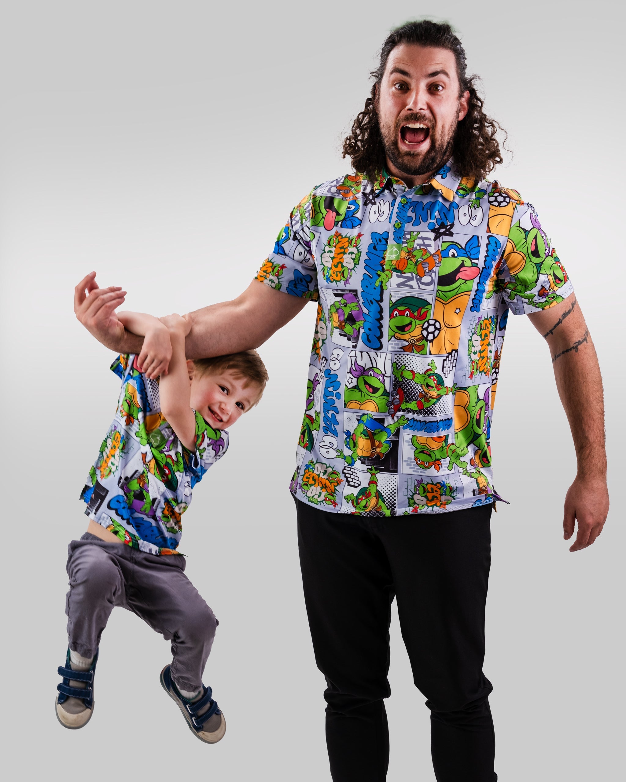 TMNT youth comic strip featuring the Teenage Mutant Ninja Turtles in vibrant colors, showcasing action poses and playful designs on a matching outfit.