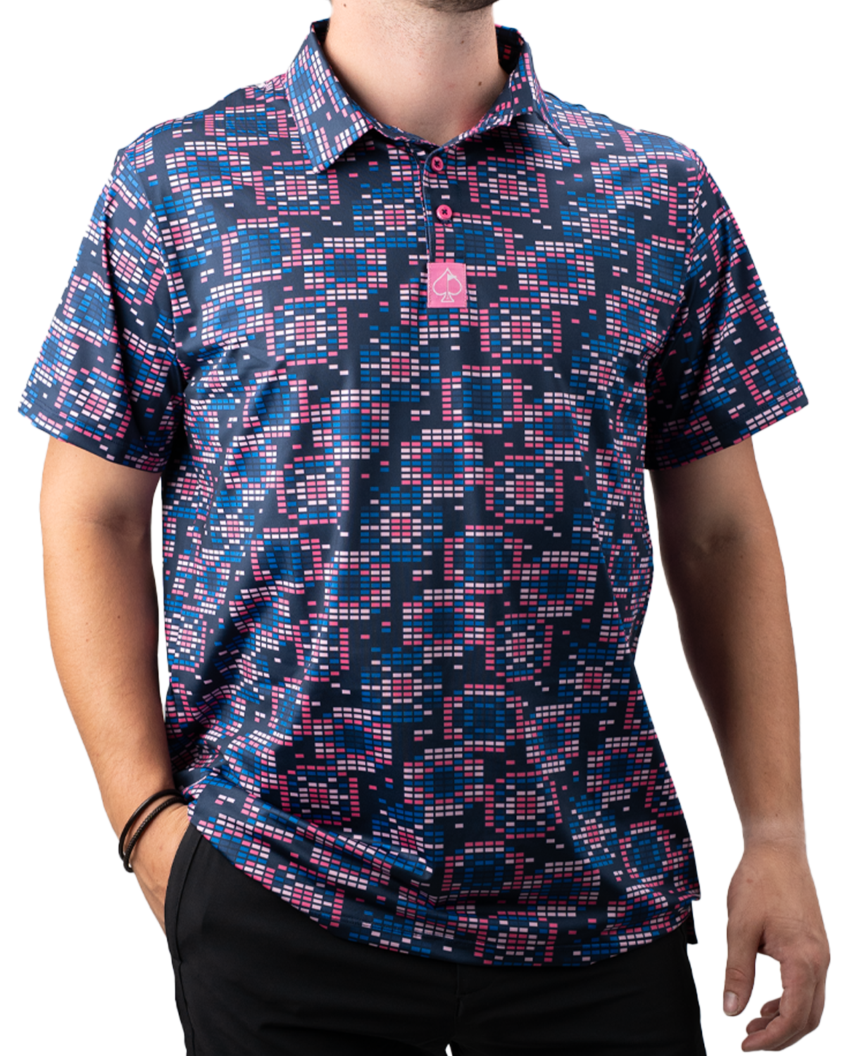 Men's Tetrafloral Dark golf polo featuring a vibrant geometric pattern in navy, pink, and purple tones. Perfect for stylish play.
