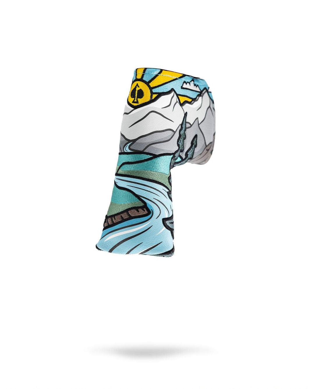 Colorful mountain and river-themed golf headcover with bold, artistic design for golfers who want to stand out.