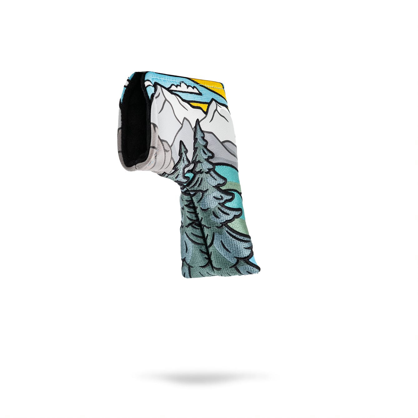 Colorful golf club headcover with mountain, tree, and lake design, perfect for bold, unique golf accessories.