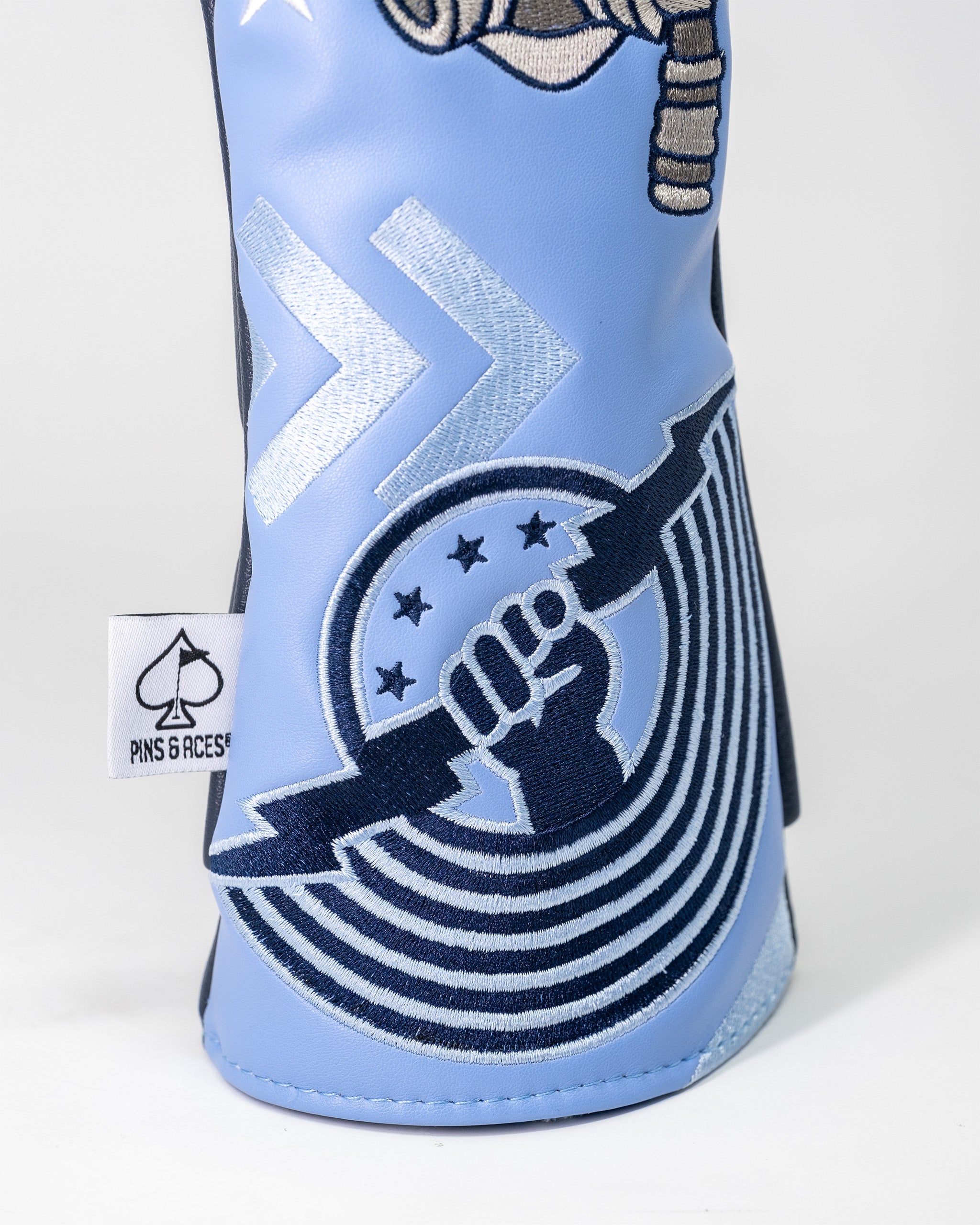 Top Gun Ice Man golf headcover with embroidered logo and blue design, made by Pins and Aces for protecting golf clubs.