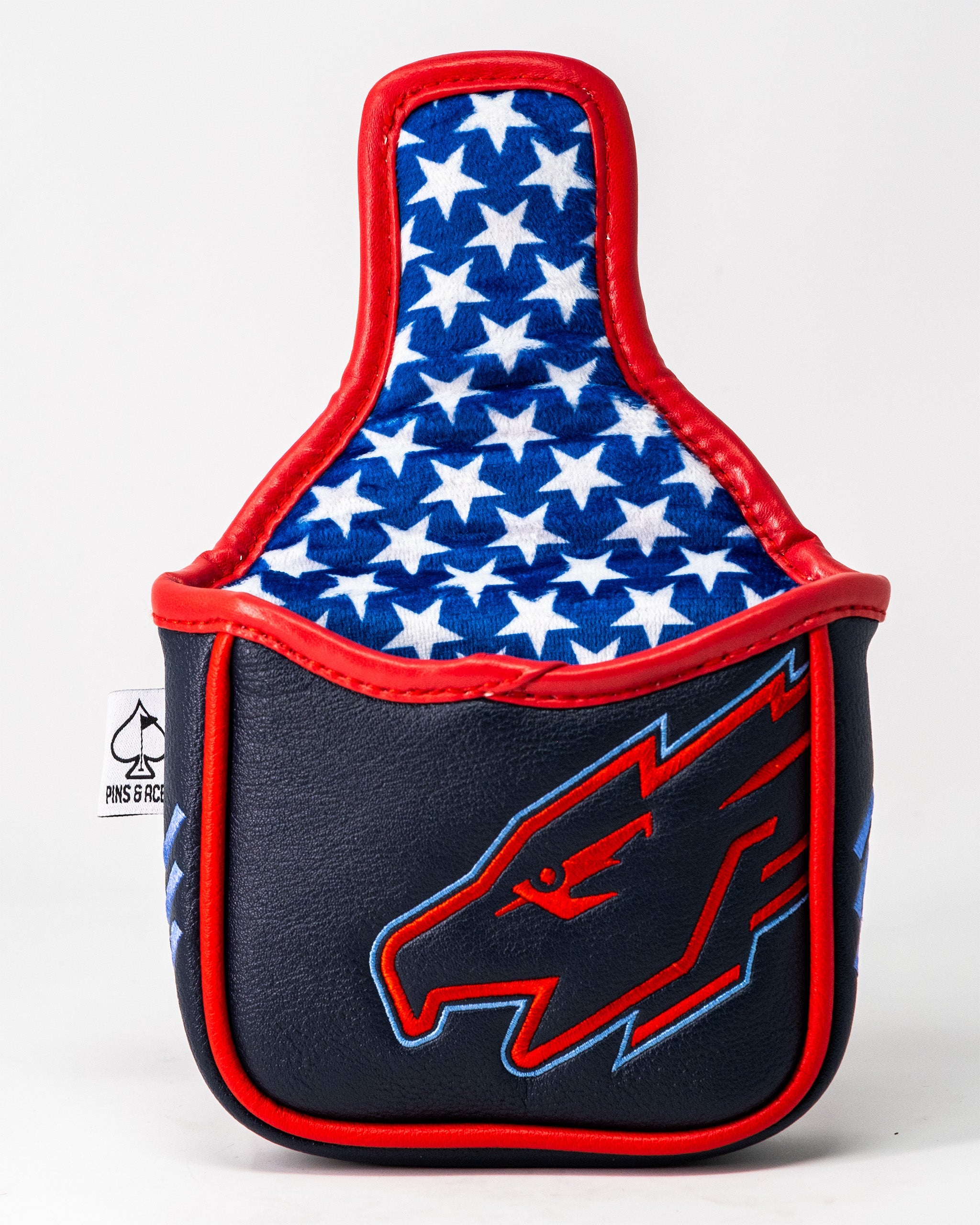 Top Gun Maverick golf club headcover with a navy blue exterior, red accents, and an American flag star pattern lining.